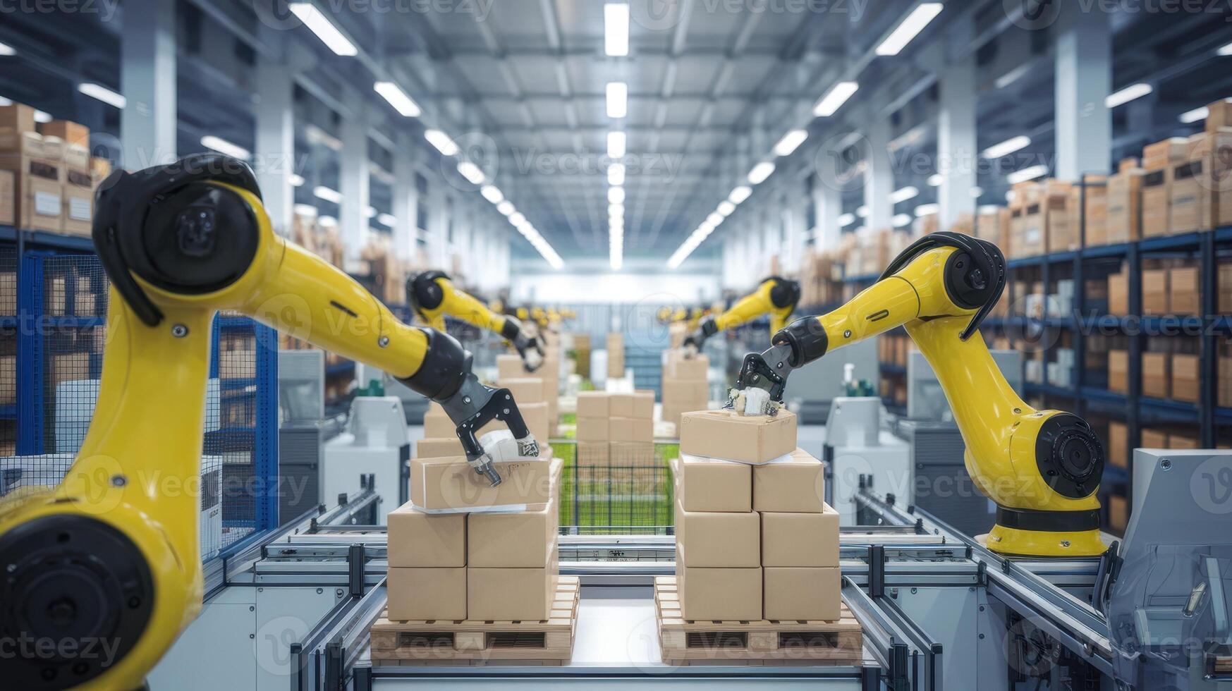 Robots Precisely Stack Cardboard Boxes in Automated Warehouse photo