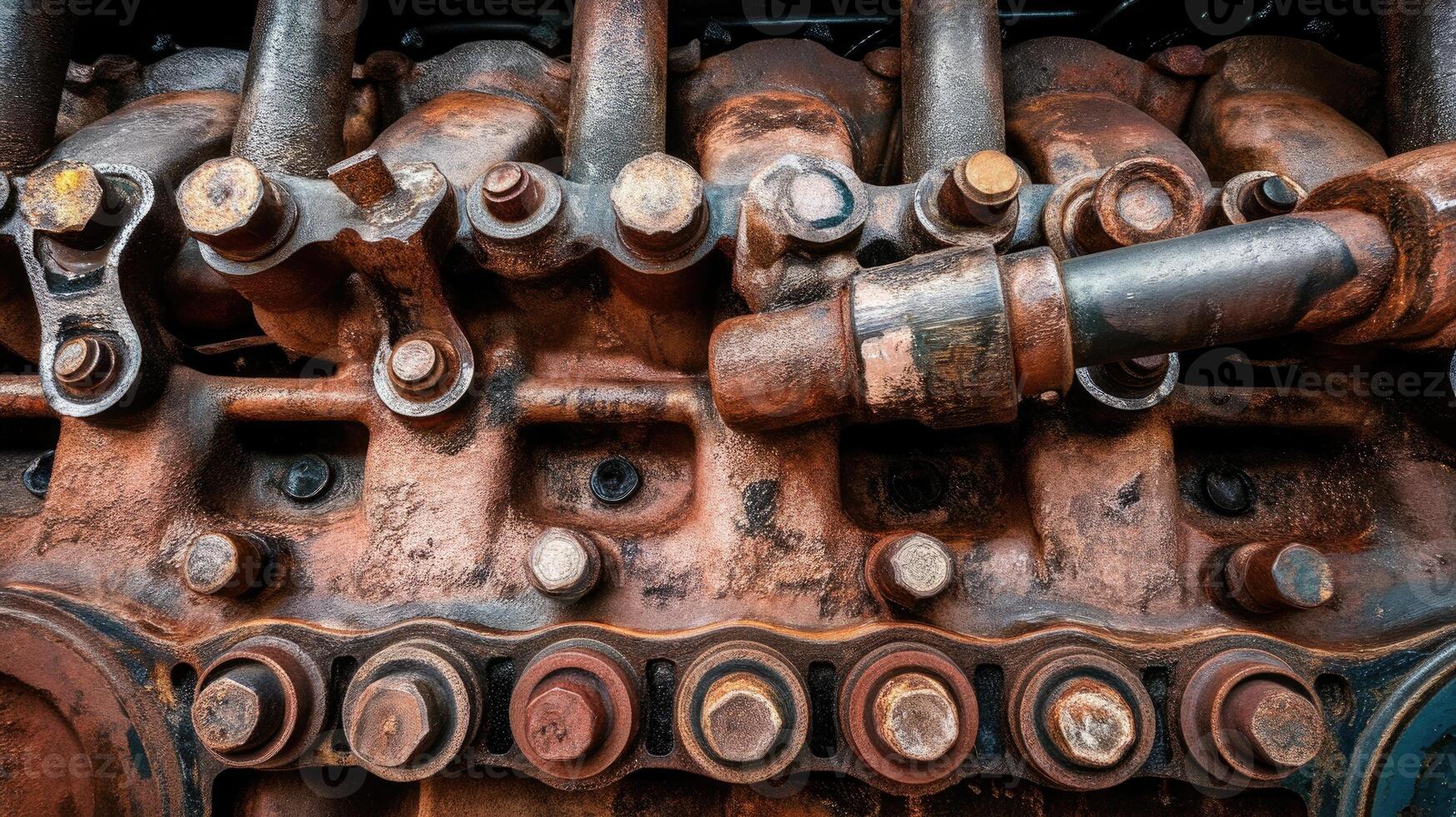 Close up Shows Weathered Engine Block and Valve Train, With Rust and Wear Present photo