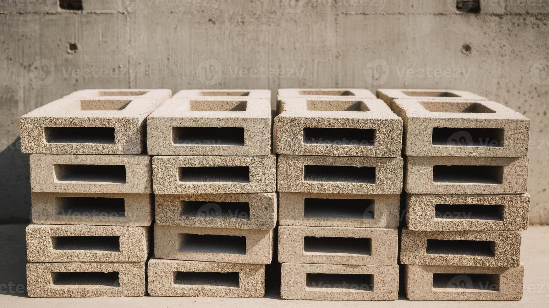 Stack of Rectangular Bricks With Openings Near a Textured Concrete Wall photo