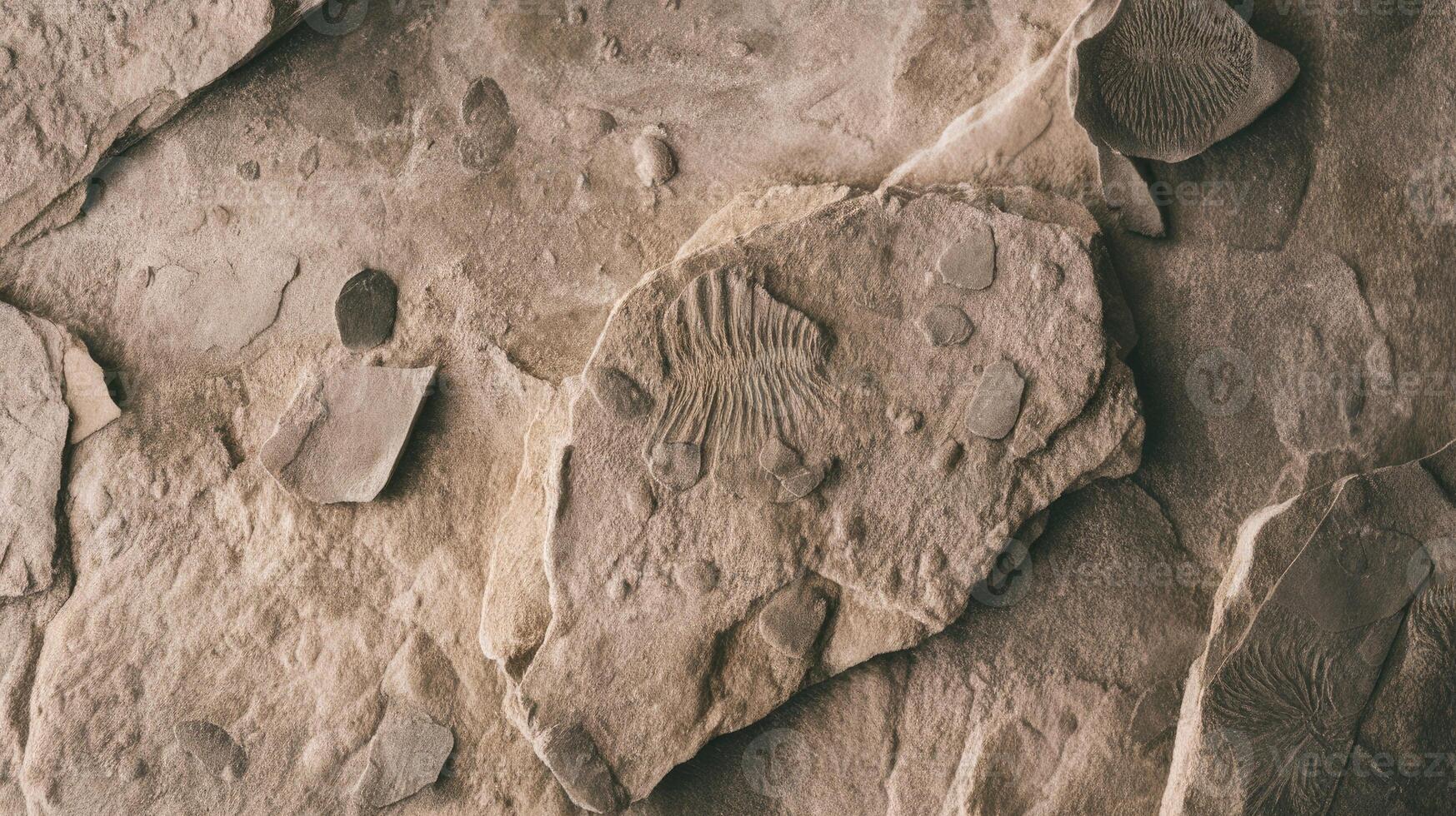 Ancient Fossils and Rock Formations on a Large Stone Surface photo