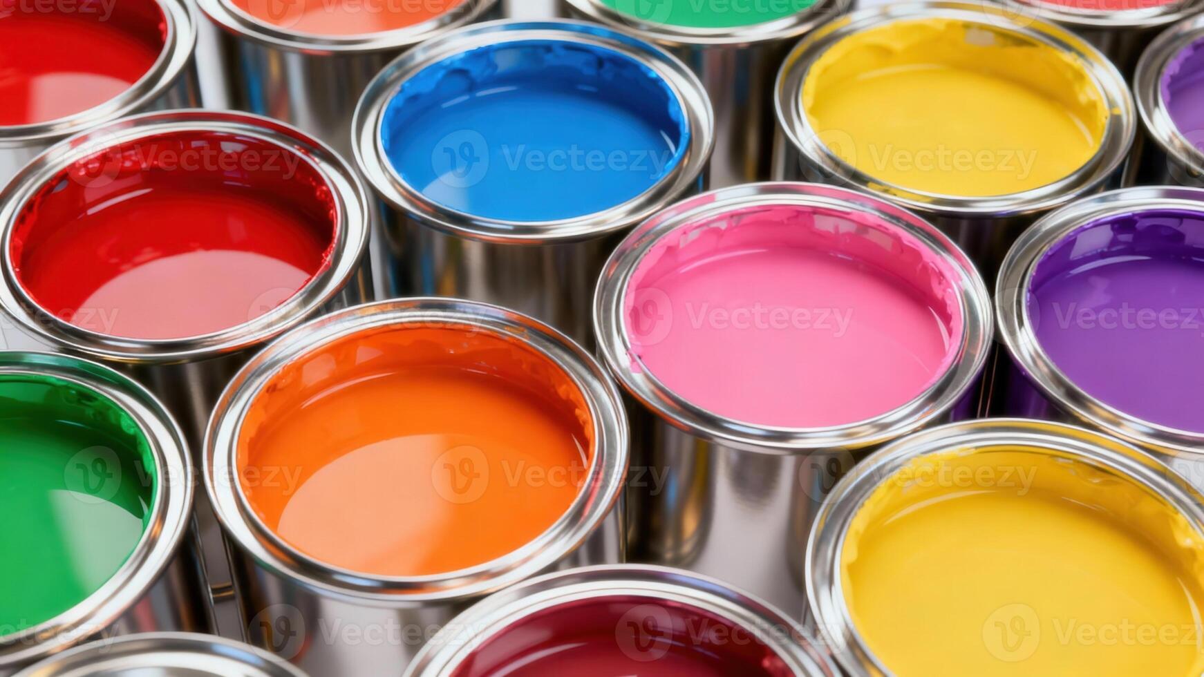 Top view of multiple open paint cans filled with bright colorful paints photo
