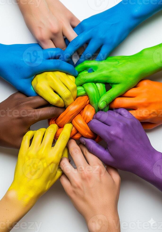 A diverse group of hands join together in unity and teamwork on white background photo