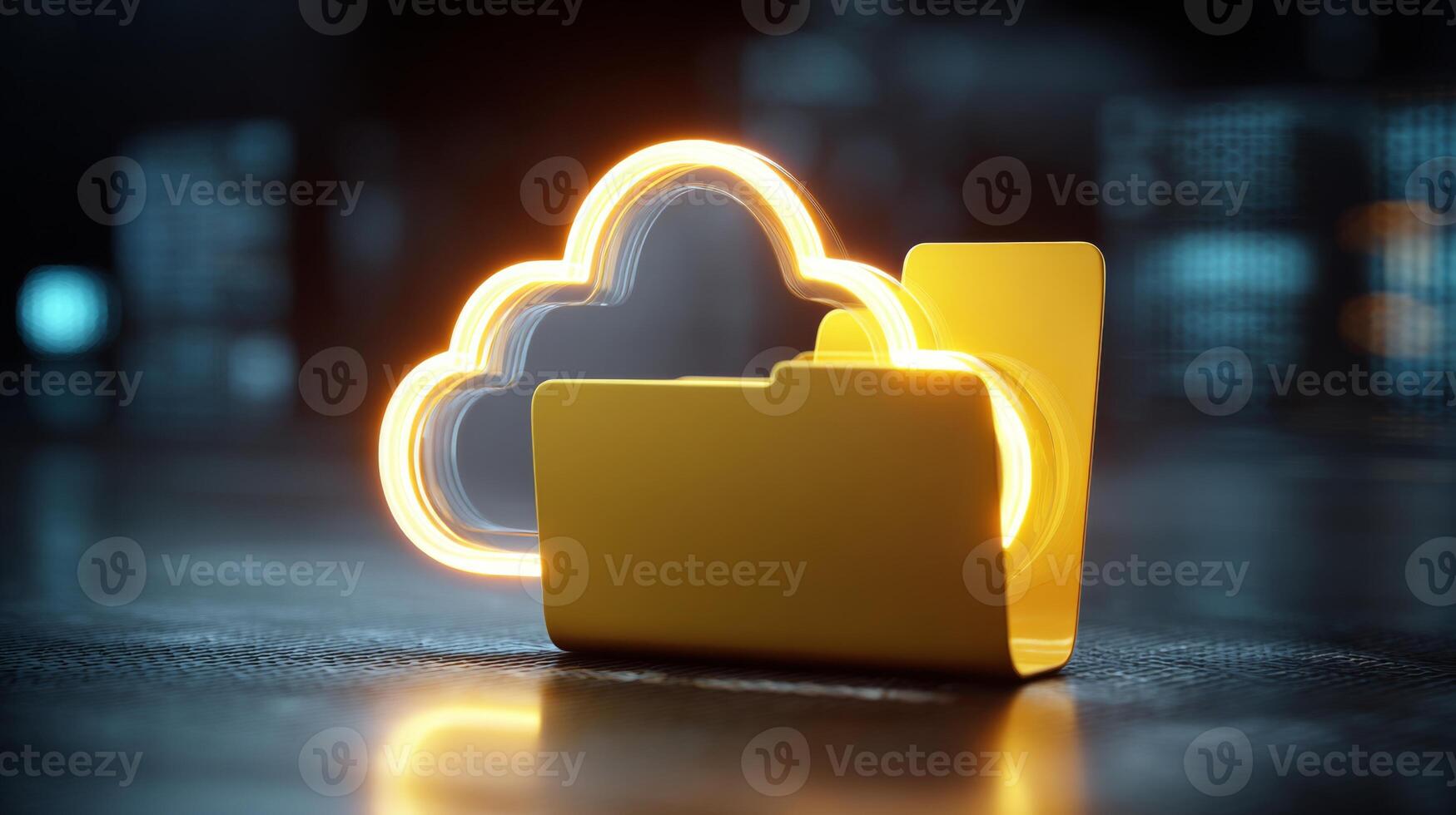 A glowing yellow folder icon with a cloud symbol, representing digital storage and cloud computing technology. photo