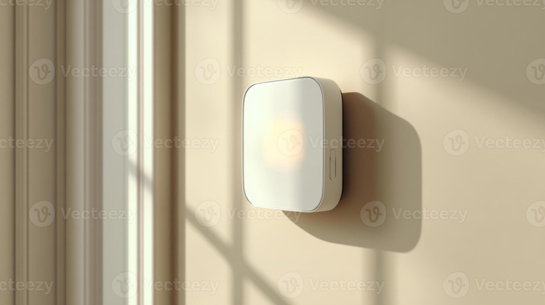 A modern smart thermostat mounted on a beige wall, featuring soft sunlight filtering through a nearby window, creating gentle shadows. photo