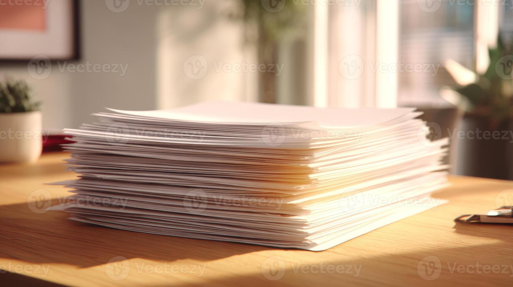 A close-up of a neatly stacked pile of blank sheets of paper on a wooden desk, illuminated by warm sunlight. photo