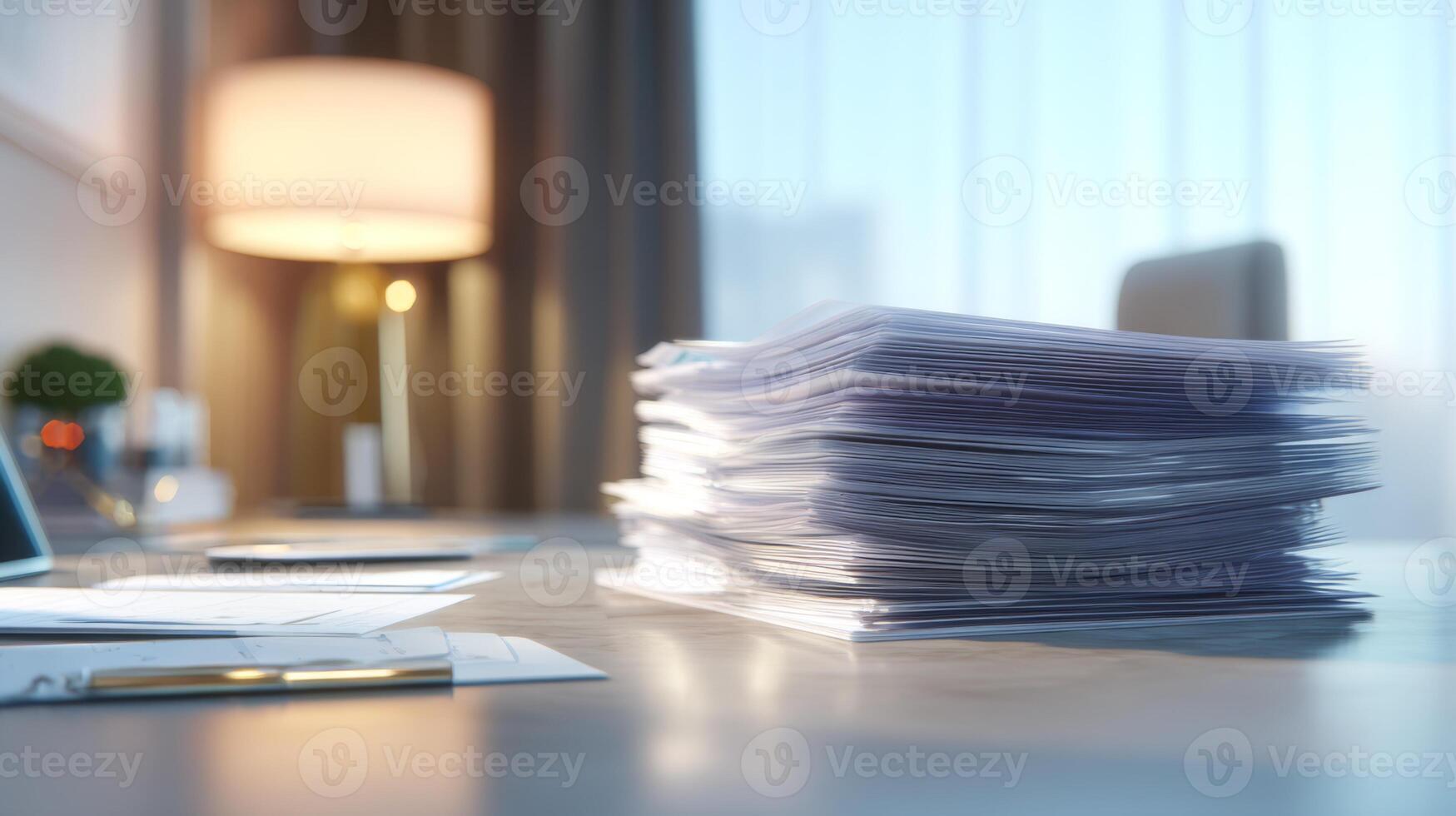 A cluttered workspace featuring a large stack of paperwork, emphasizing productivity and organization challenges. photo