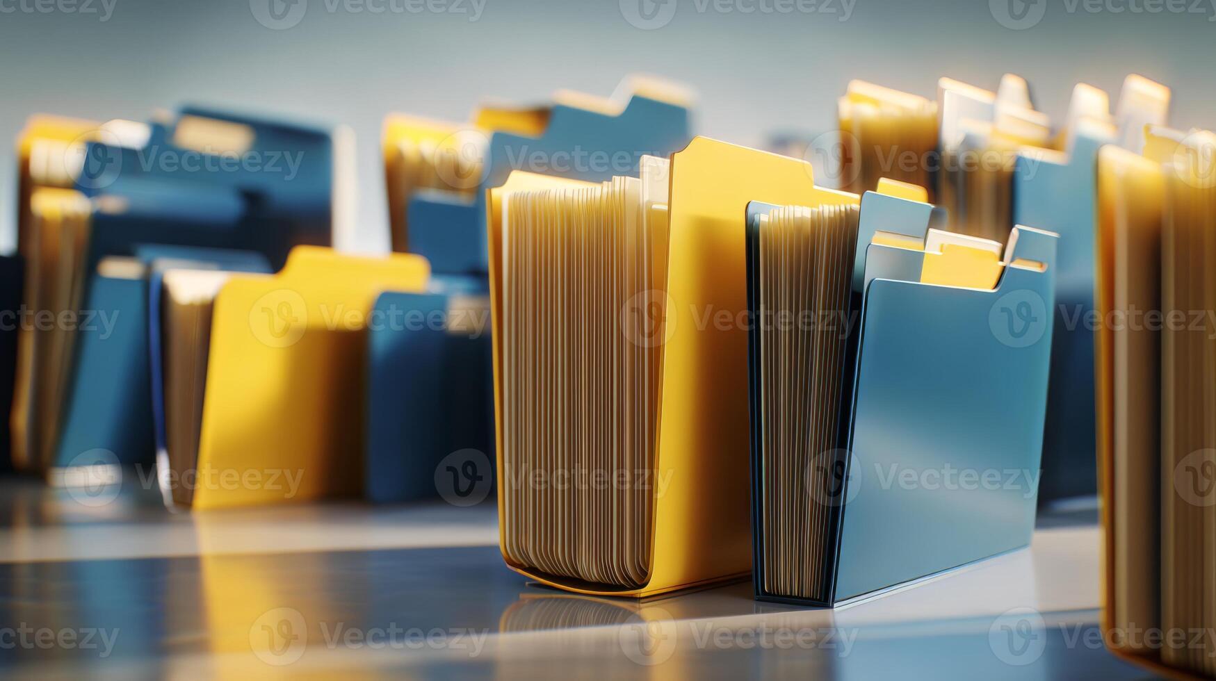 Colorful file folders in a well-organized office workspace, showcasing a modern approach to document management. photo