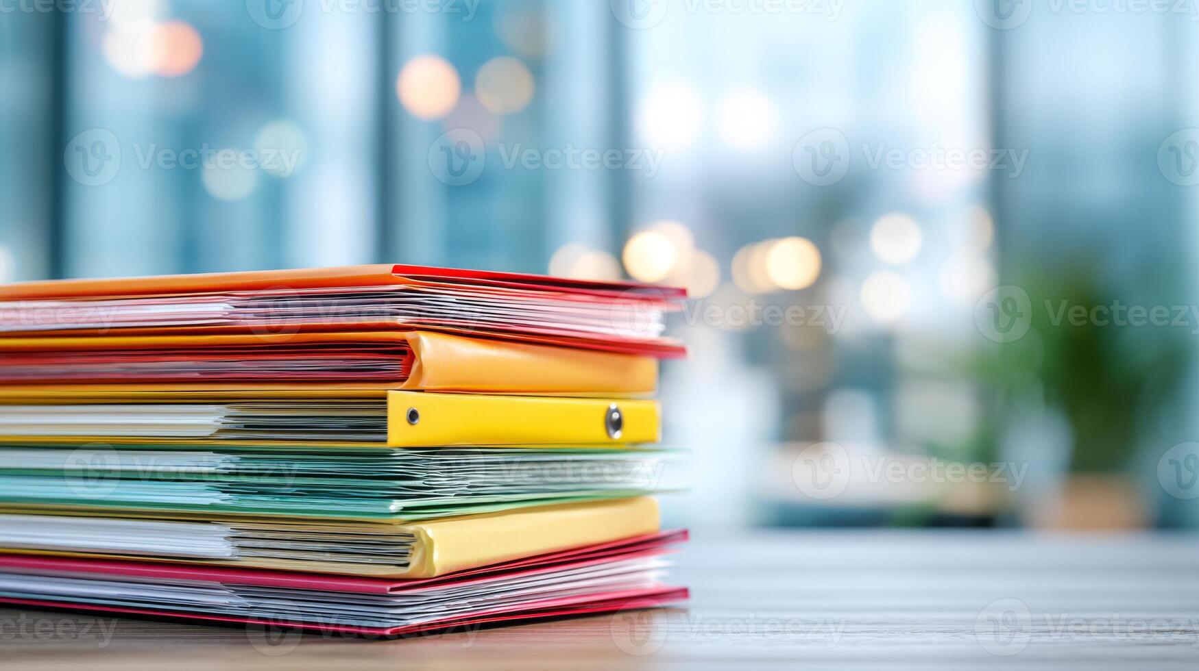 A vibrant stack of colorful folders arranged neatly on a wooden desk, symbolizing organization and productivity. photo