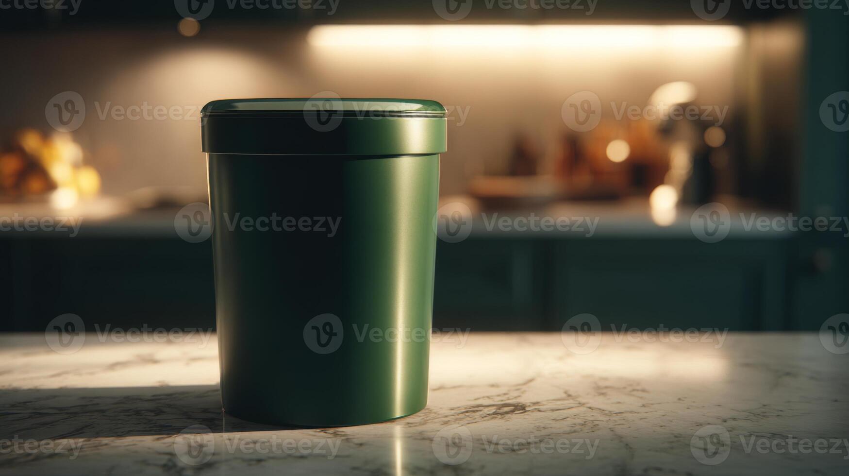 A sleek green container on a marble surface, illuminated by warm kitchen light, creating a cozy and inviting atmosphere. photo