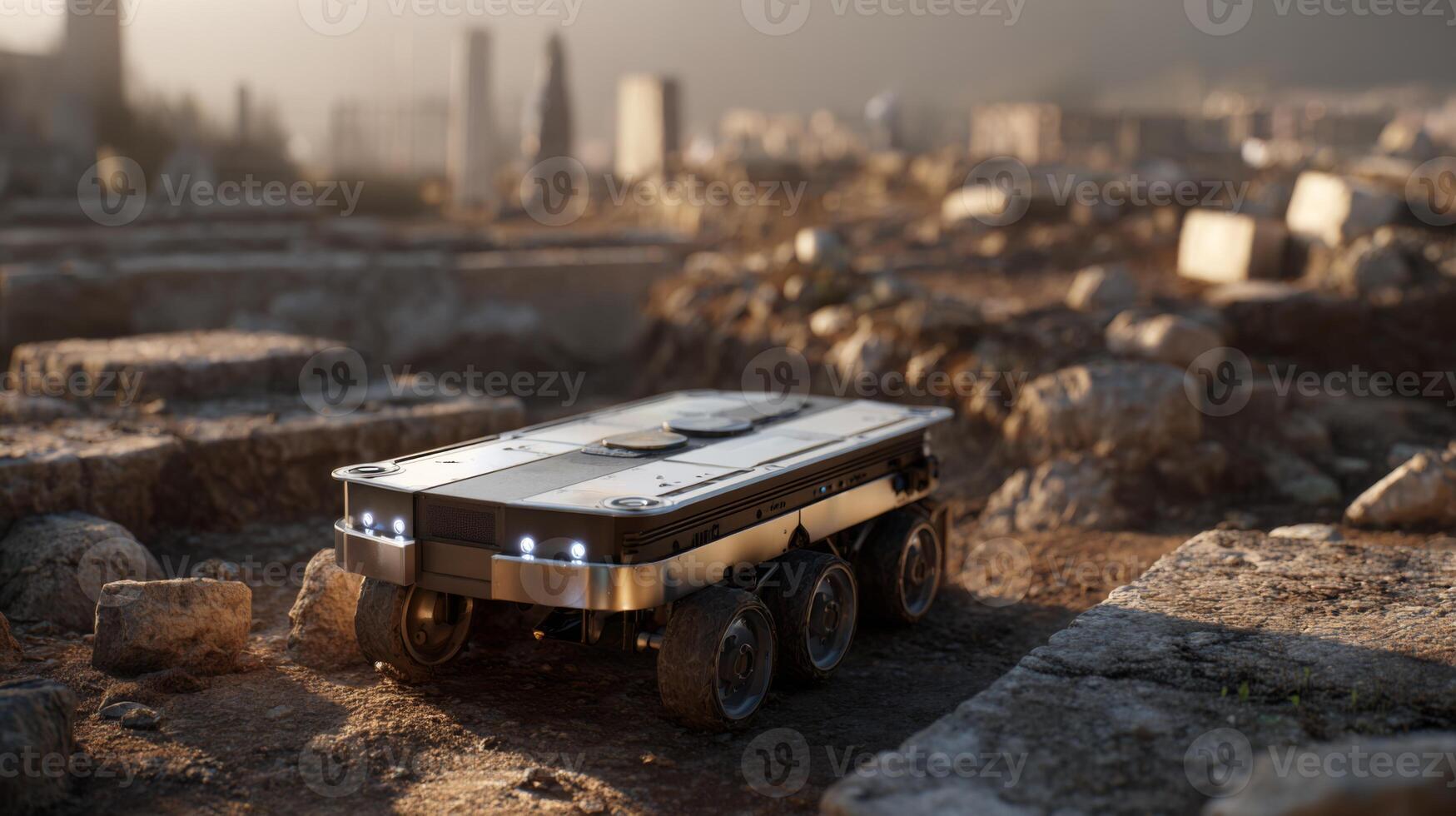 A futuristic robotic vehicle explores an ancient archaeological site, showcasing technology's intersection with history. photo