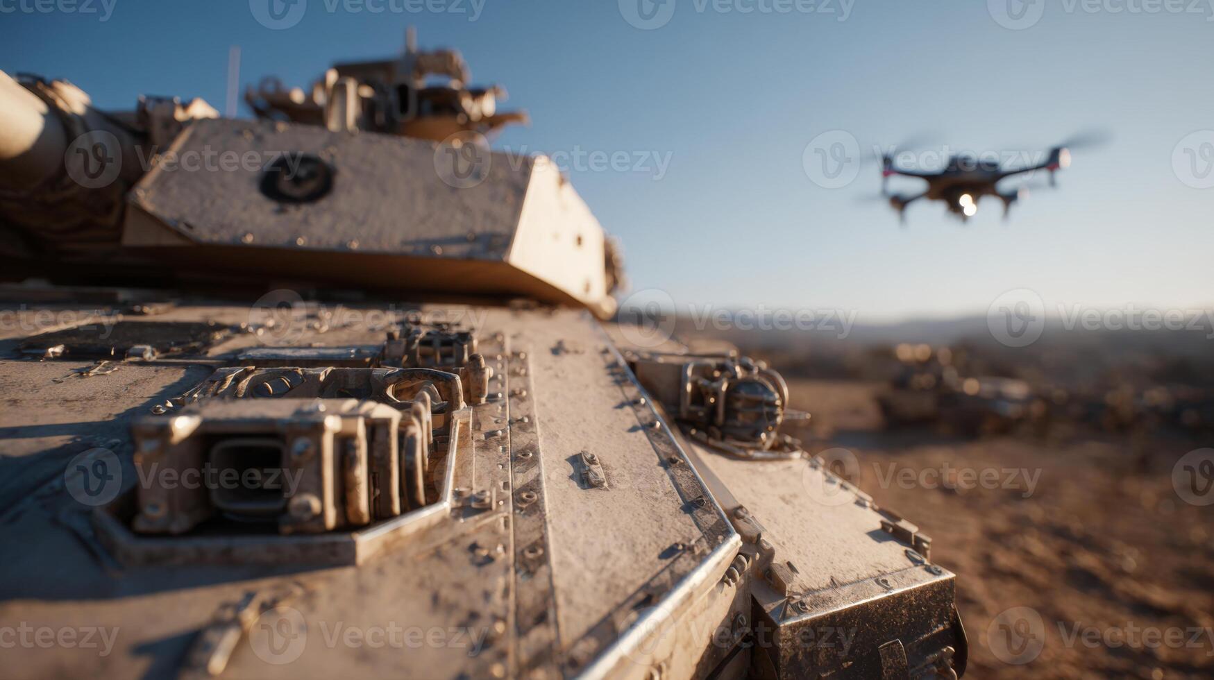 Close-up of a military tank with a drone hovering in the background, capturing a high-tech aerial perspective in a desert setting. photo