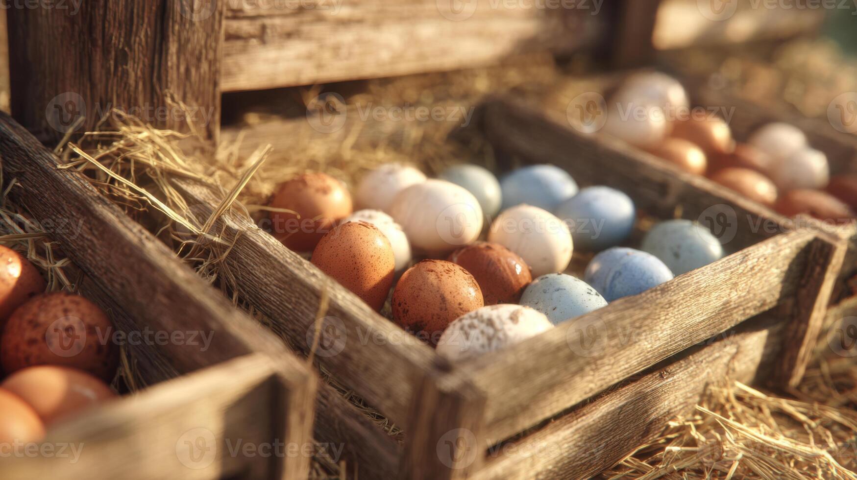 A rustic display of assorted eggs in wooden crates on a bed of straw, showcasing a variety of colors and patterns. photo