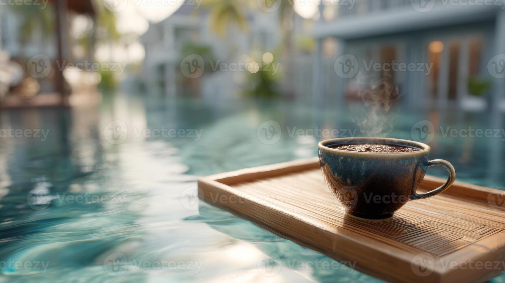 A steaming cup of coffee rests on a wooden tray, floating serenely in a tranquil pool setting surrounded by lush greenery. photo