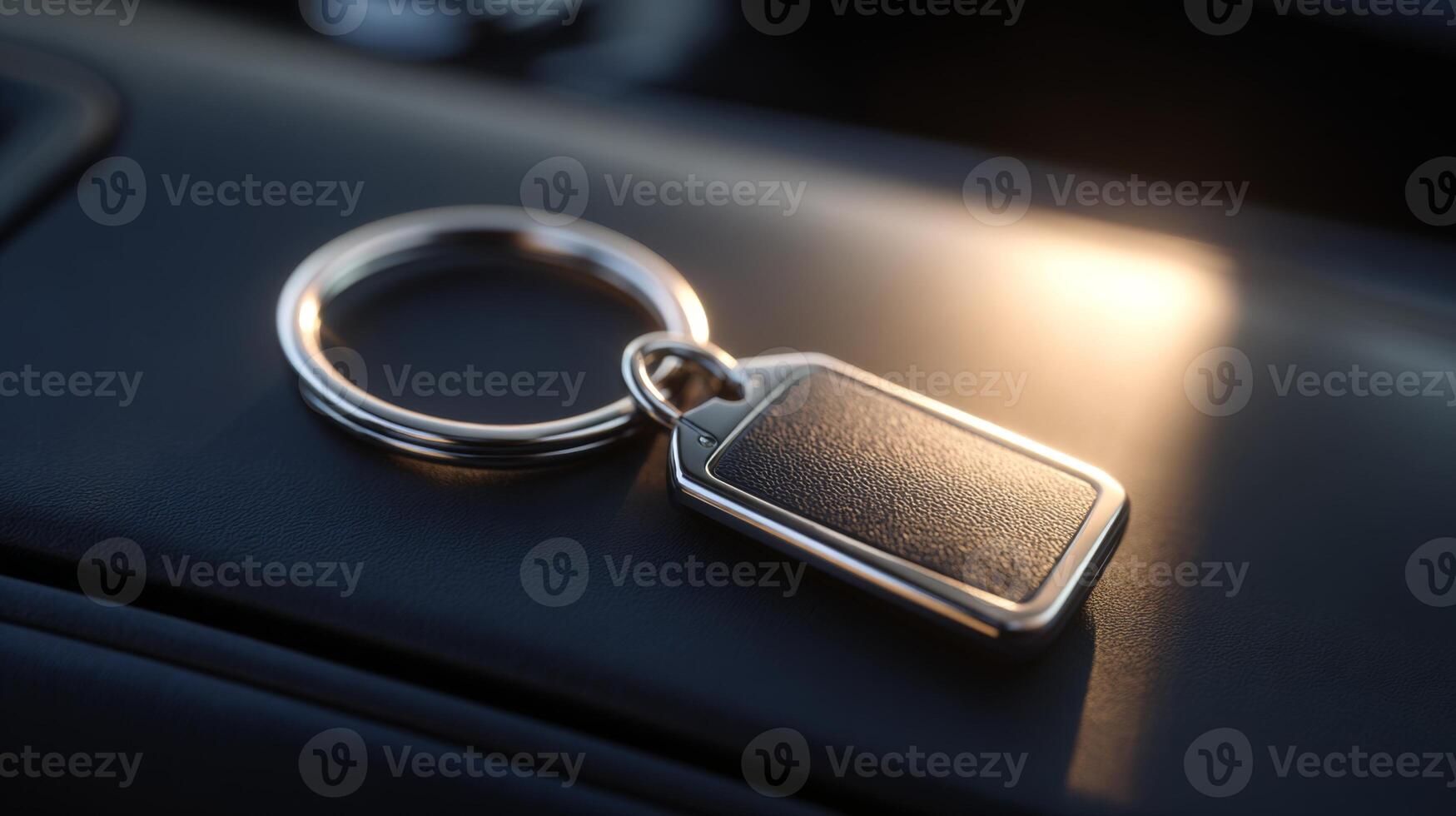 Close-up of a silver keychain with a sleek black tag resting on a car dashboard, reflecting soft sunlight. photo