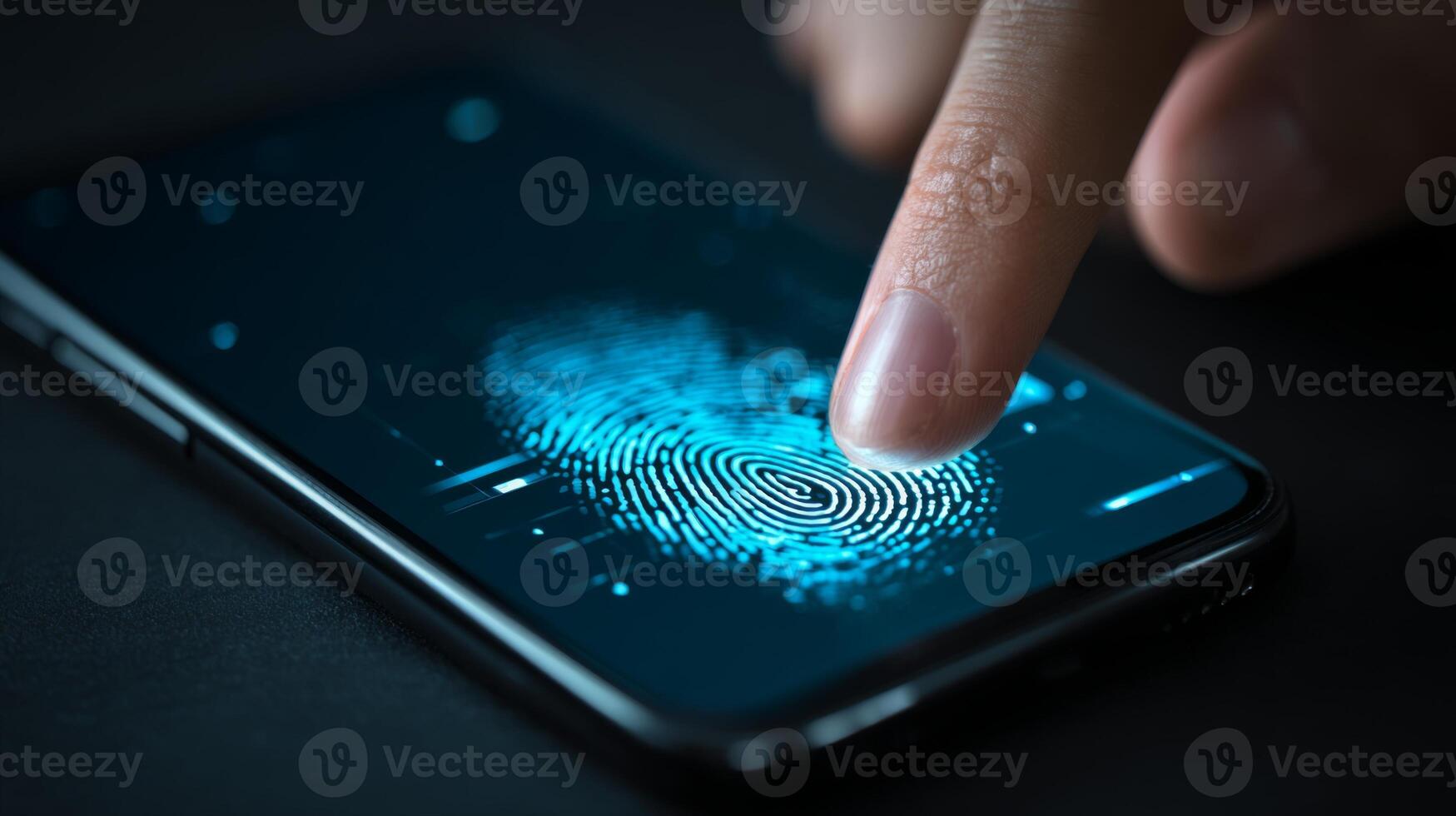 Close-up of a finger pressing a digital fingerprint scanner on a smartphone, symbolizing security and technology. photo