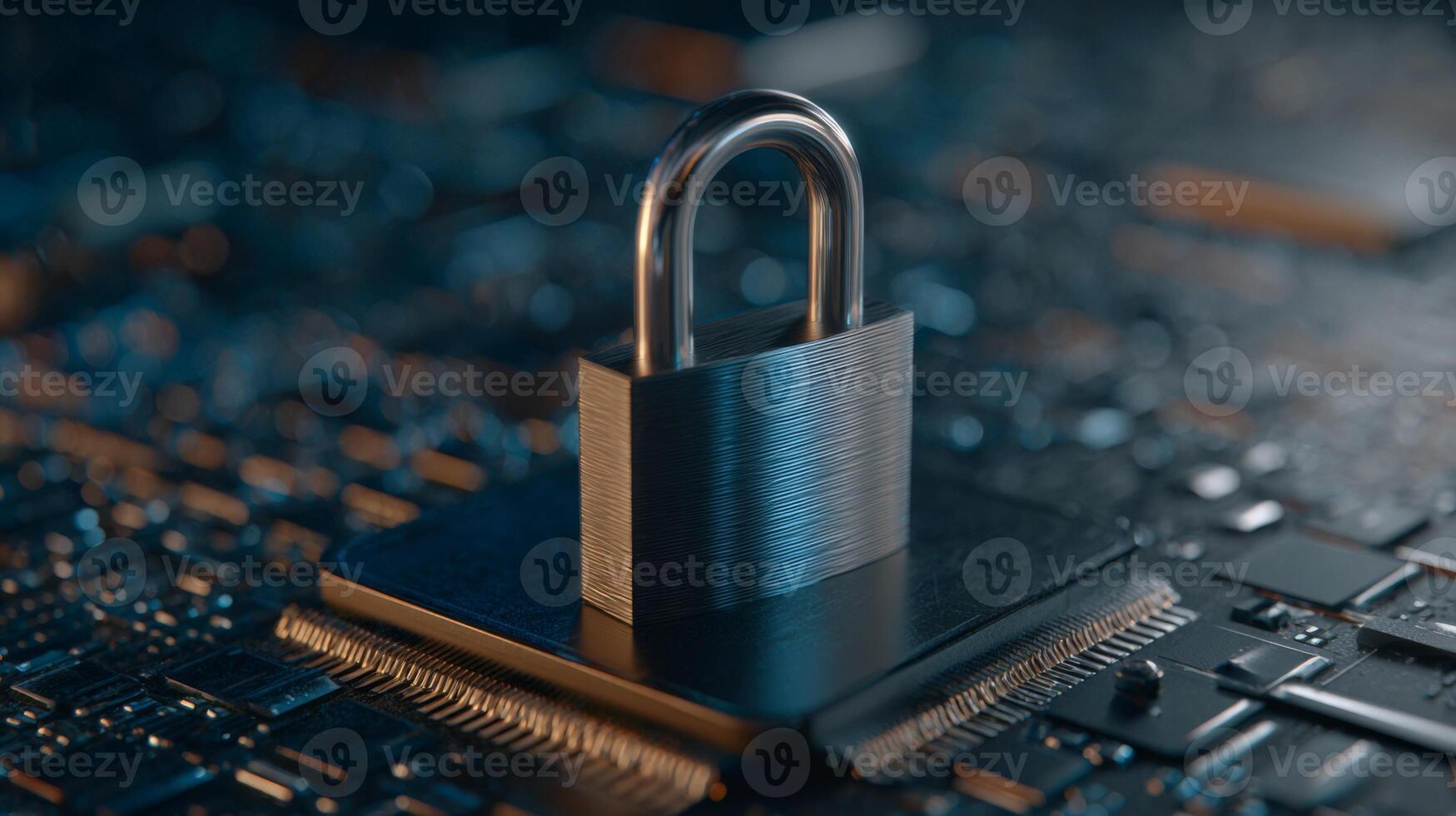 A metallic padlock resting on a circuit board, symbolizing cybersecurity and data protection. photo