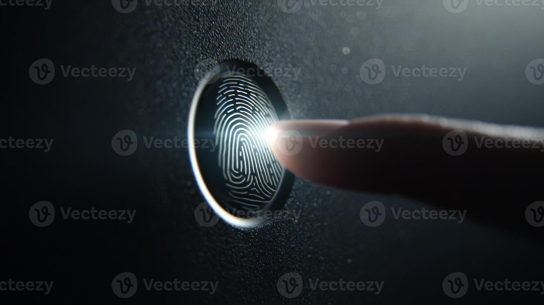 A close-up of a finger gently pressing a fingerprint scanner, symbolizing modern security technology. photo