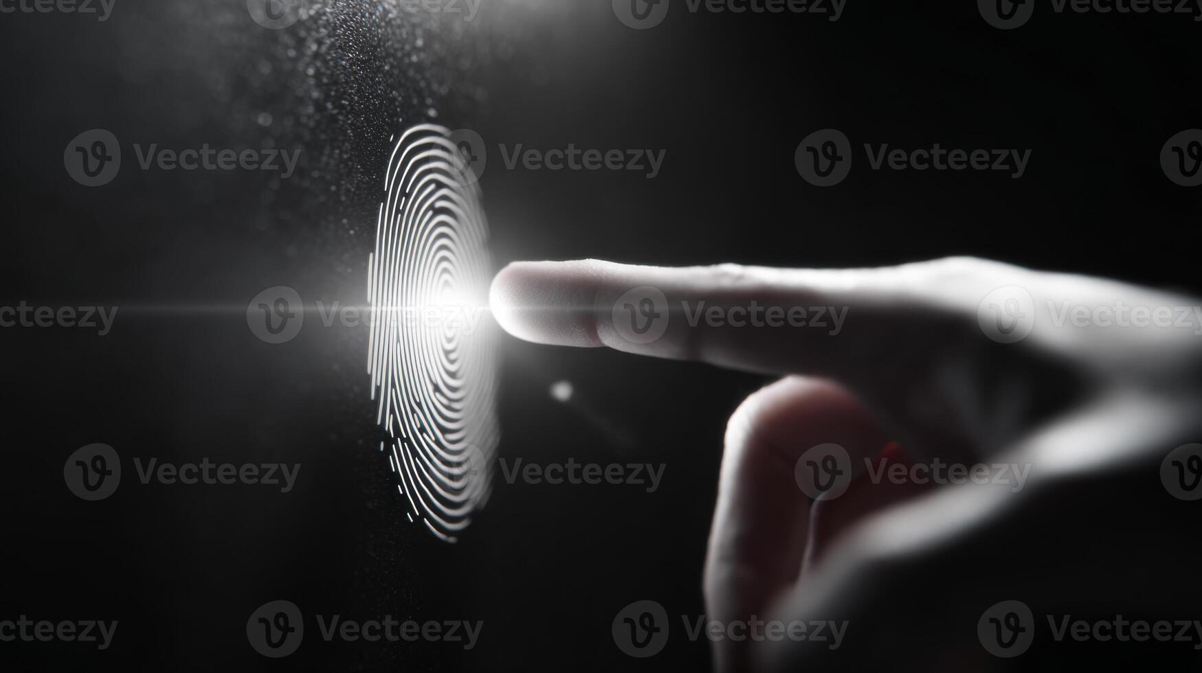A close-up shot of a human finger touching a glowing fingerprint sensor in a dark environment. photo