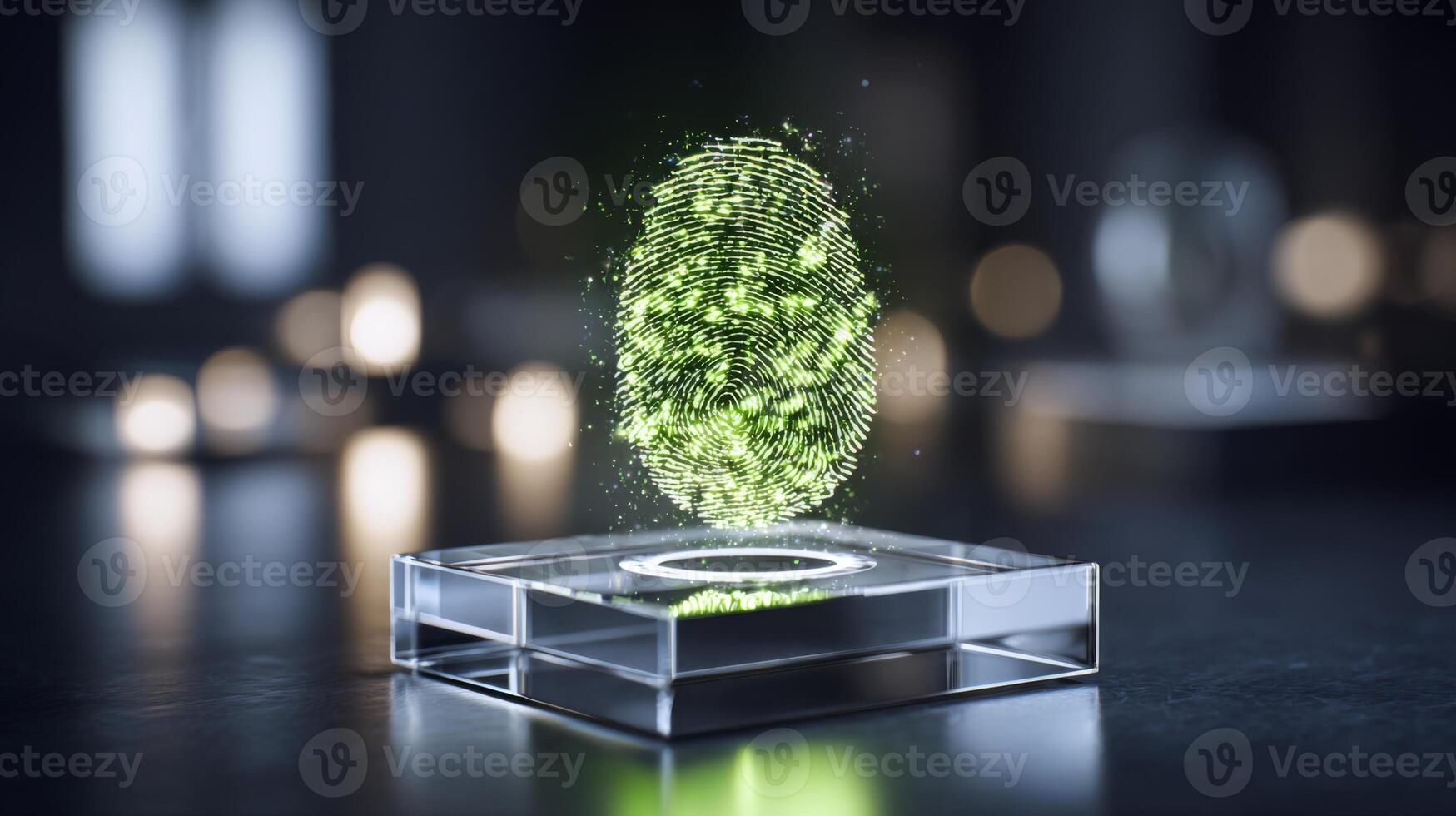A high-tech holographic fingerprint display, showcasing data security and biometric technology. photo