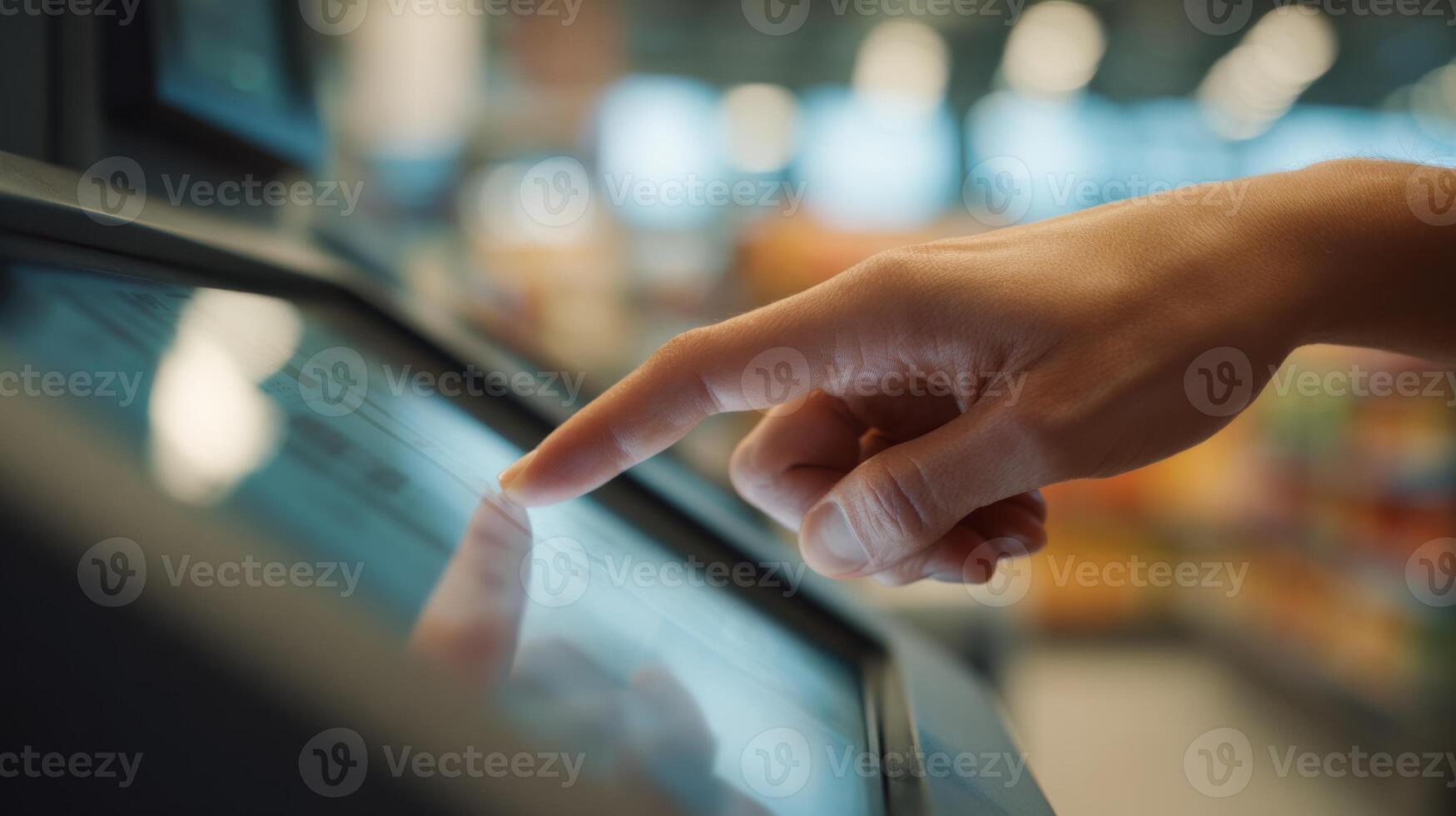 Close-up of a hand interacting with a touchscreen interface in a retail setting. photo