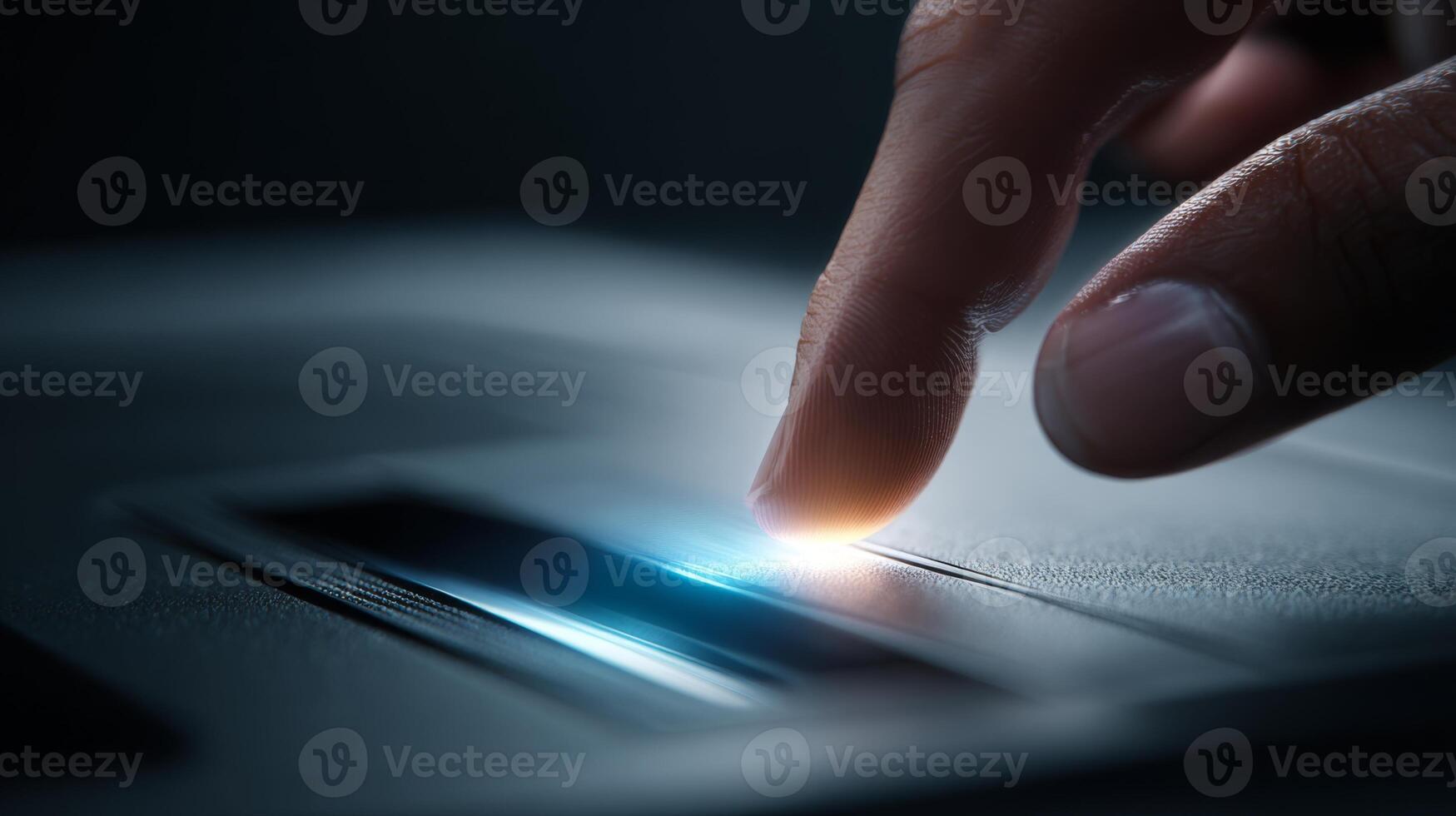 Close-up of a person's finger pressing a sleek, illuminated button, evoking a sense of technology and innovation. photo