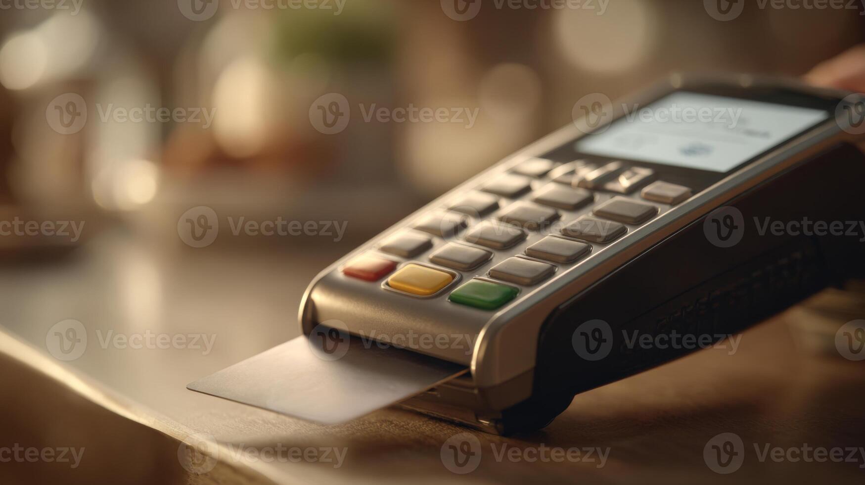 A close-up shot of a payment terminal at a cafe, showcasing the card reader and keypad in a warm, inviting atmosphere. photo
