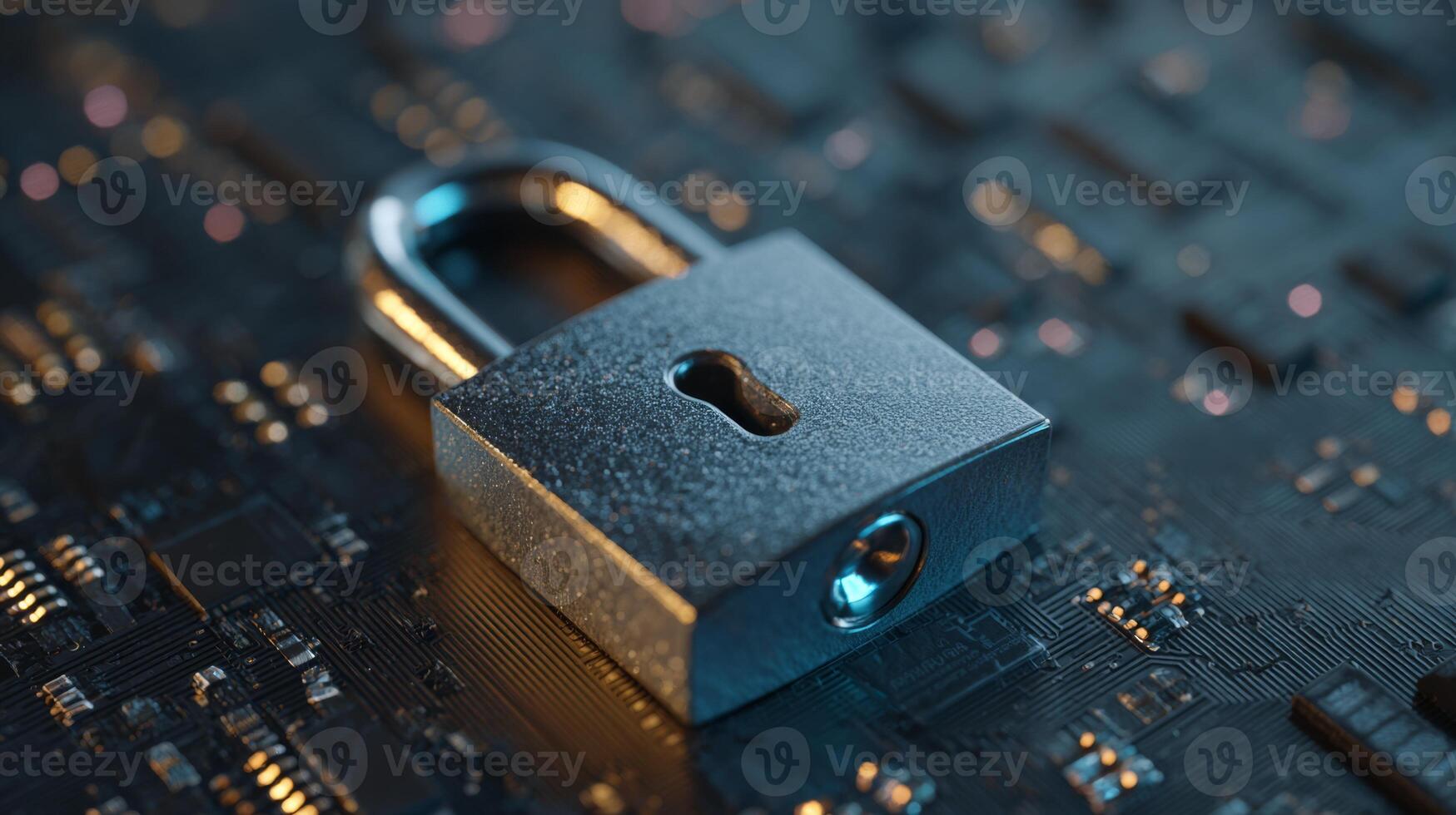 A metallic padlock positioned over a circuit board background, symbolizing digital security and technology. photo