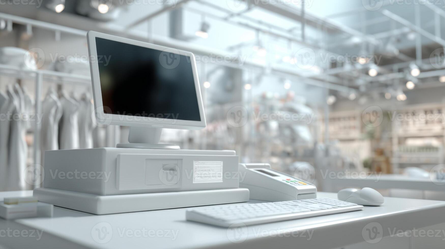 A modern retail checkout station featuring a sleek computer monitor, keyboard, and payment terminal in a bright store ambiance. photo