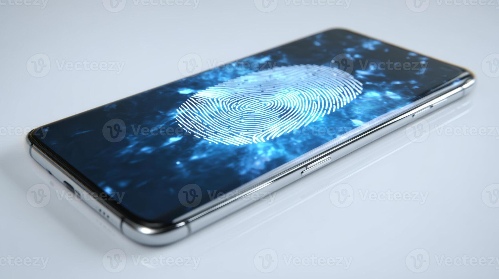 A modern smartphone displaying a blue biometric fingerprint scanner on its screen, symbolizing security and technology. photo