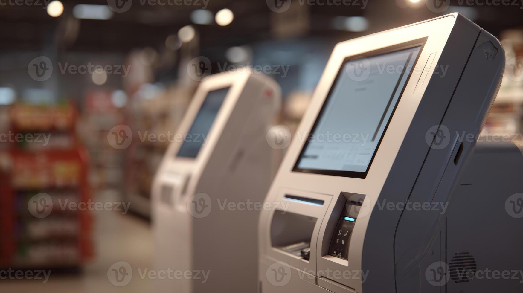 Modern self-service kiosks in a grocery store, showcasing advanced technology for efficient shopping experiences. photo