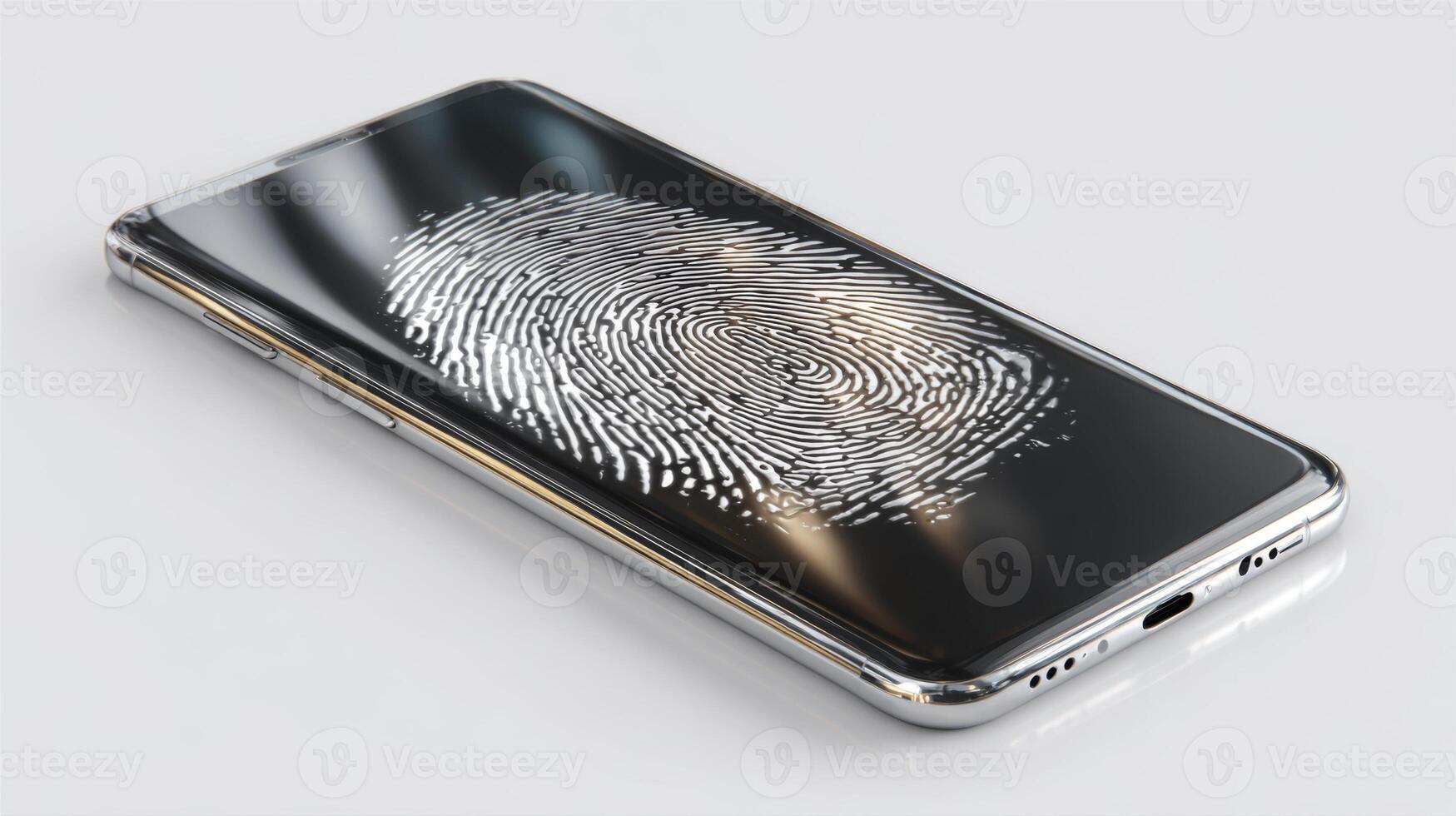 A sleek smartphone displaying a fingerprint scanner interface, showcasing technology and security in a minimalist design. photo