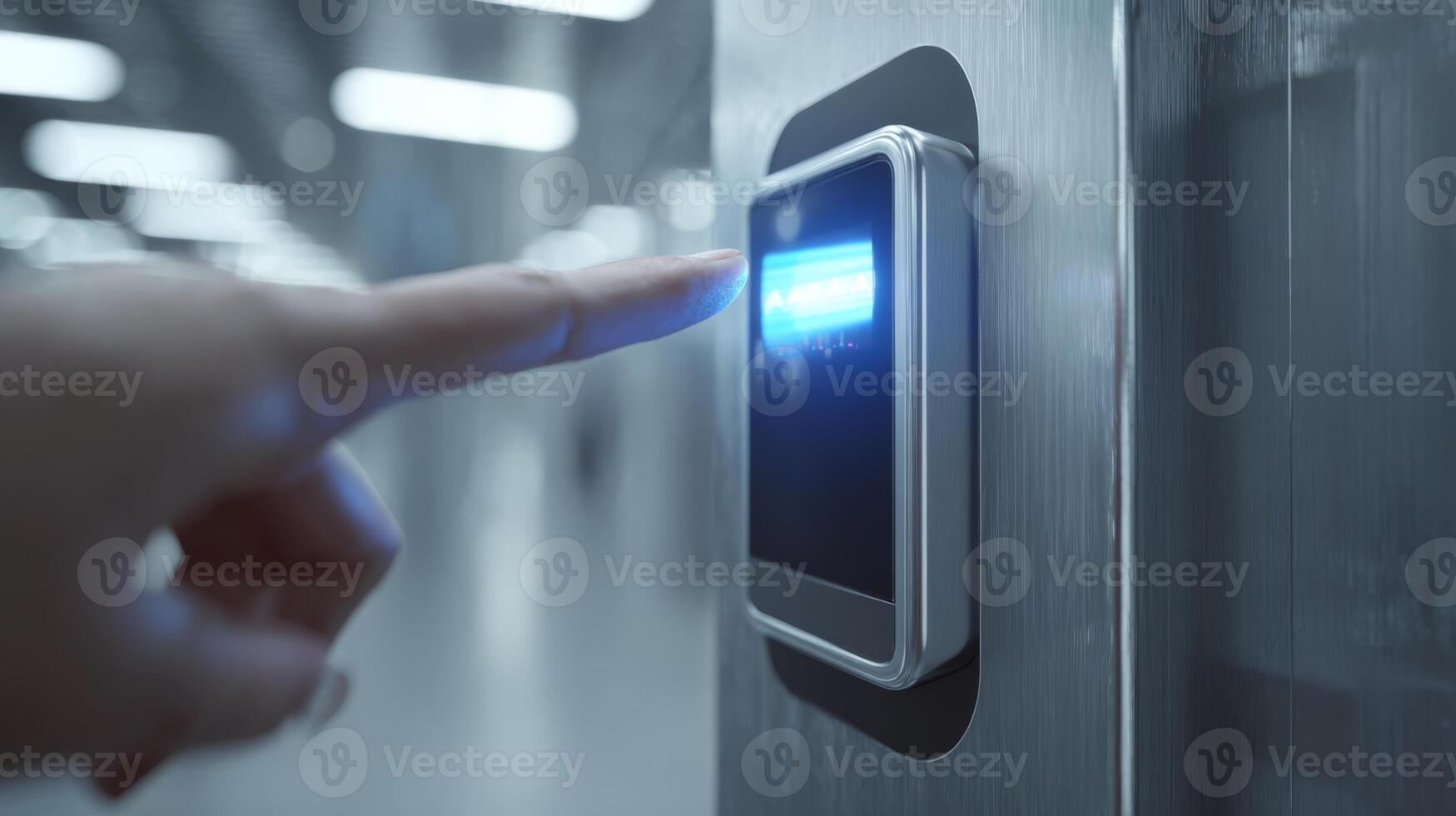 A person with a hand reaching to touch a digital screen interface, showcasing modern technology in a sleek environment. photo
