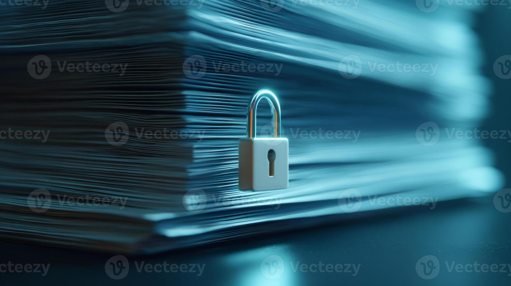 A close-up of a padlock on a stack of documents, symbolizing security and confidentiality in paperwork. photo