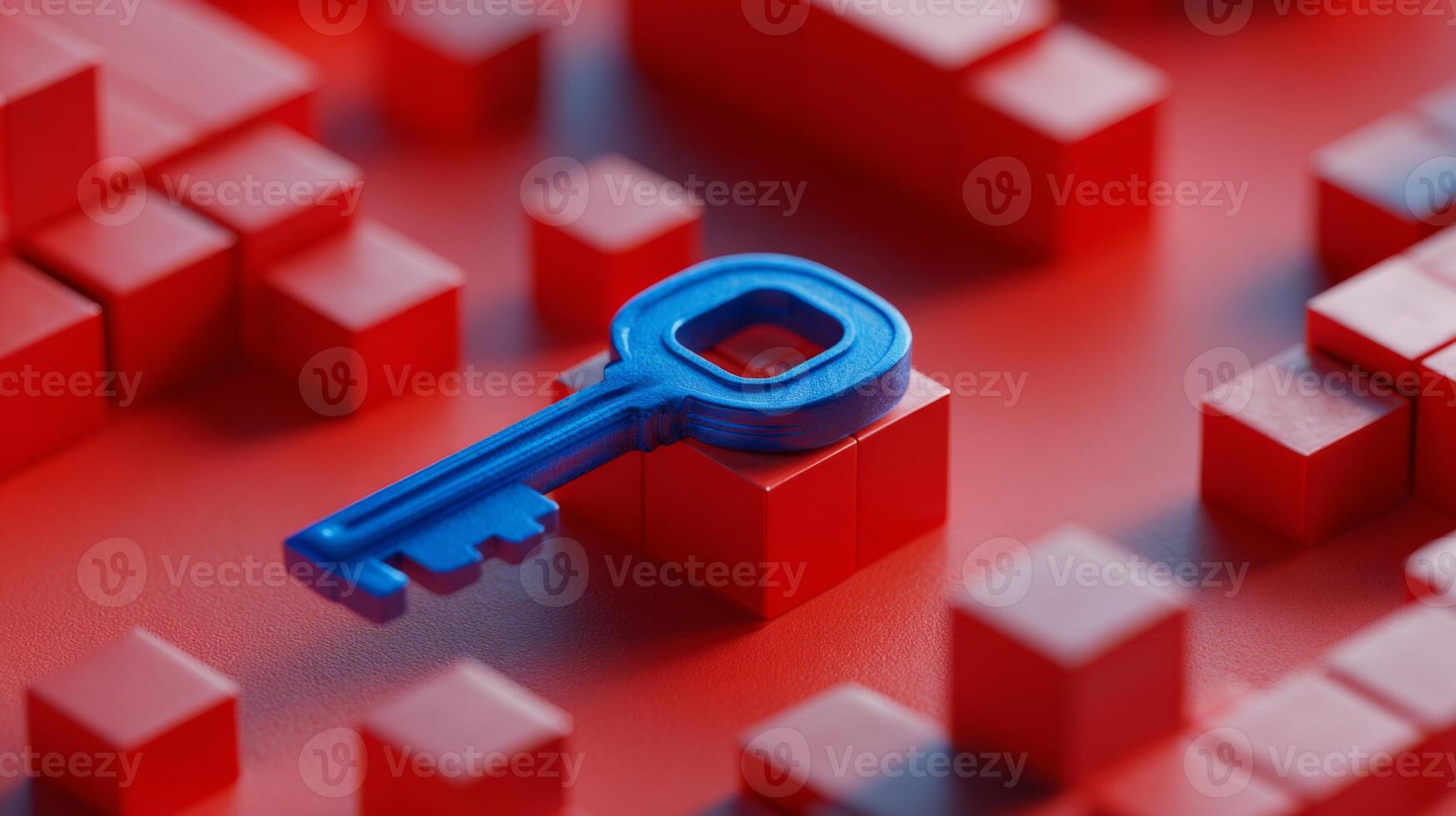 A vibrant blue key rests atop red building blocks, symbolizing access and creativity in a modern, playful setting. photo