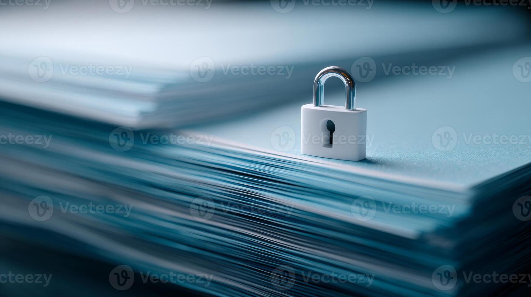 A white padlock placed on a stack of blue paper, symbolizing security and confidentiality in documentation. photo