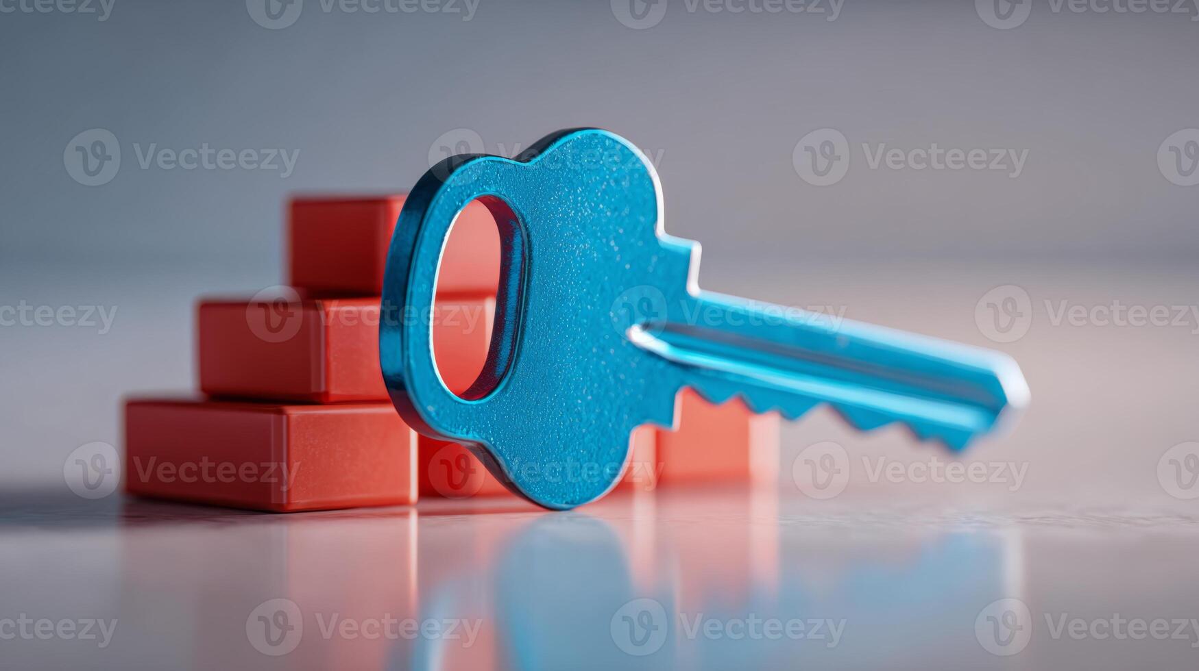 A vibrant blue key rests in front of three red blocks, symbolizing security and access. photo