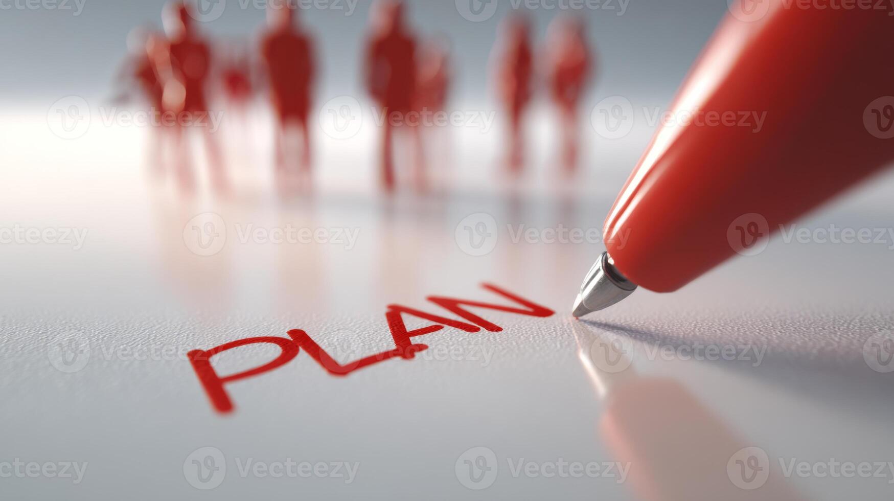 A close-up of a red pen writing 'PLAN' on a white surface, with blurred figures in red in the background creating a sense of teamwork. photo