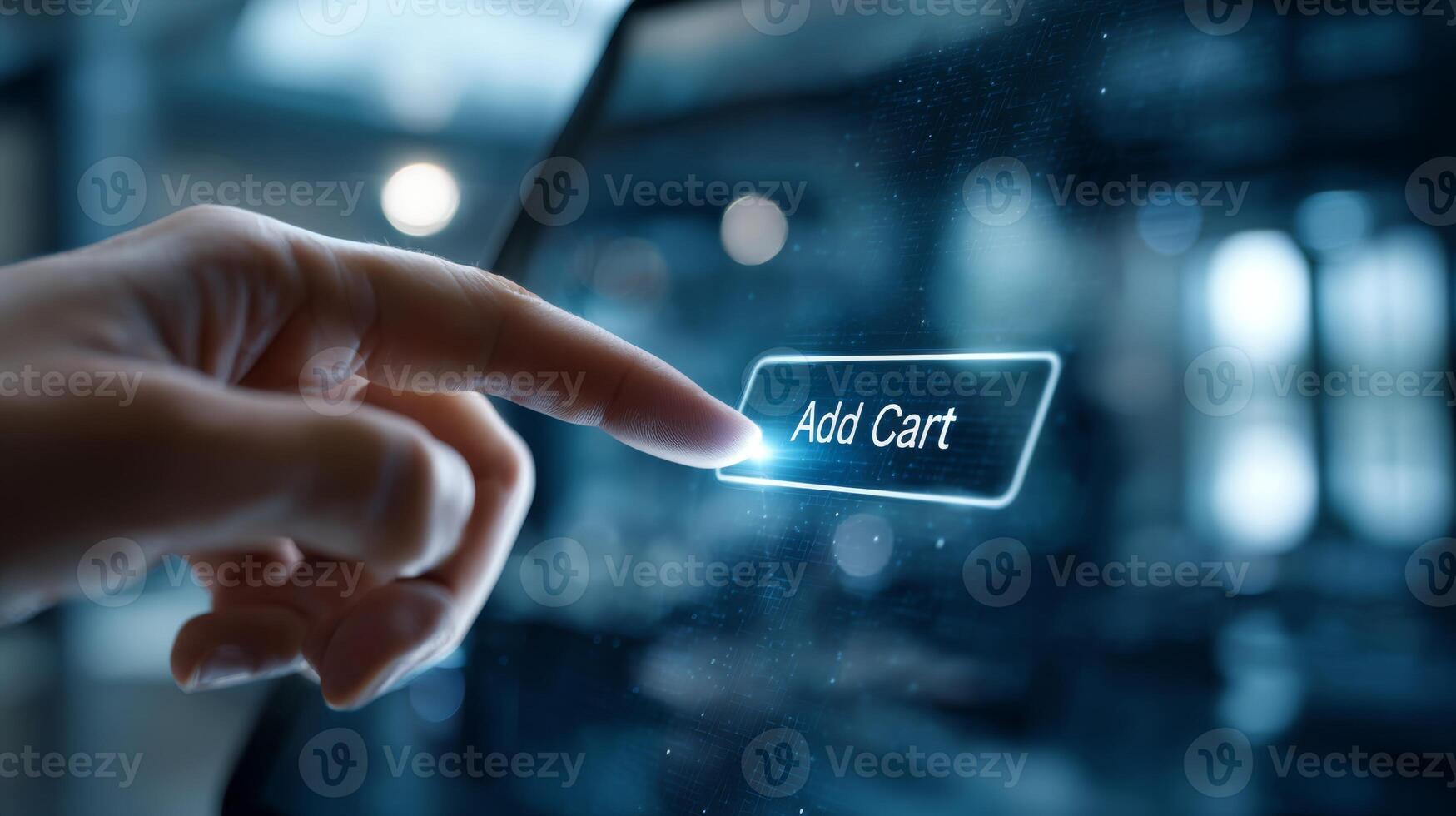 A close-up of a hand pressing an 'Add Cart' button on a digital screen, emphasizing online shopping and technology. photo