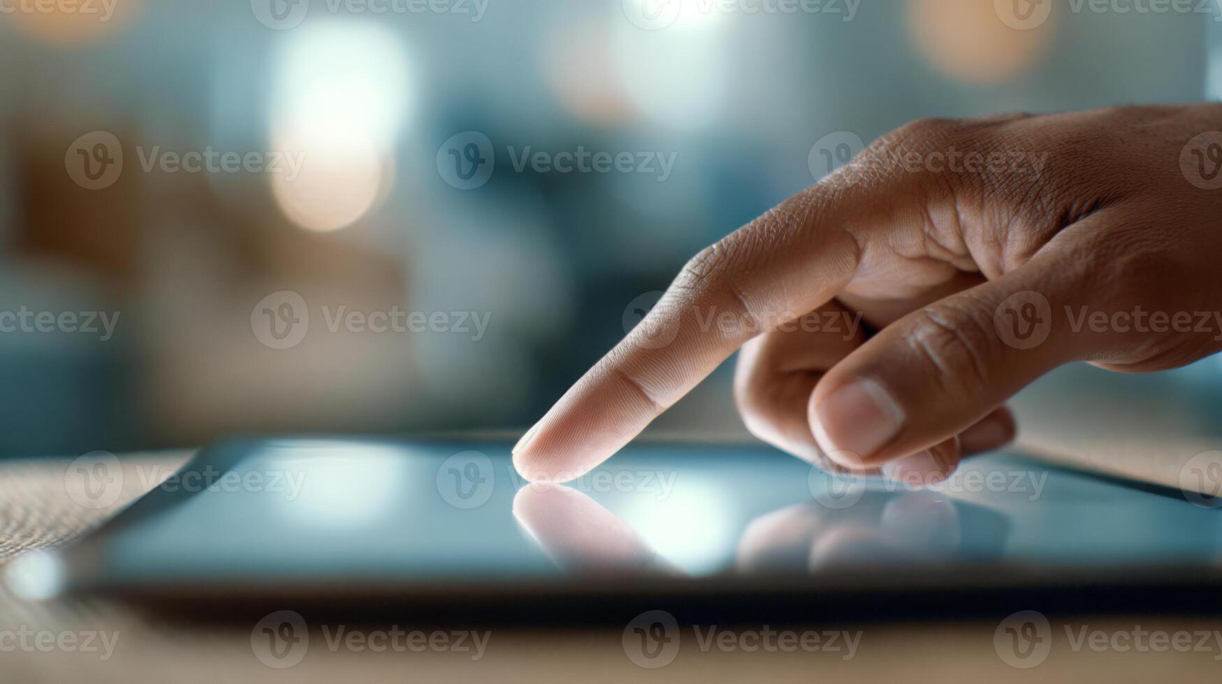 Close-up of a hand tapping on a tablet screen, showcasing modern technology and interaction. photo