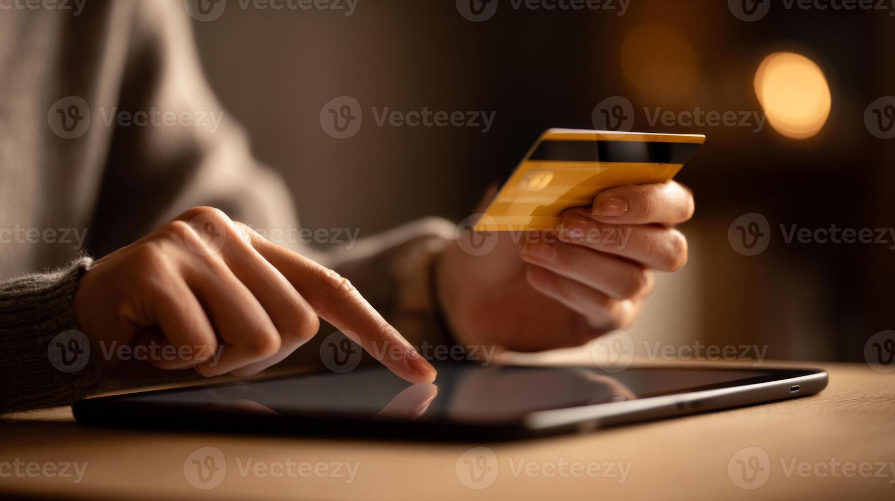 A close-up of a person using a credit card to make an online purchase on a tablet, creating a sense of convenience and modern shopping. photo