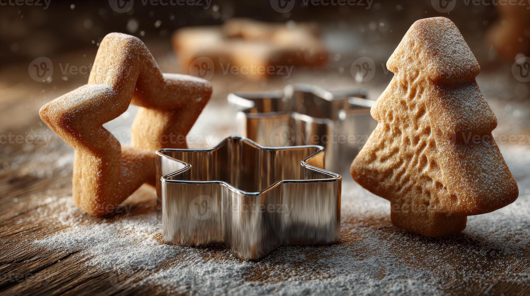 Close-up of festive cookie cutters in star and tree shapes, surrounded by delicious gingerbread cookies and a dusting of powdered sugar. photo