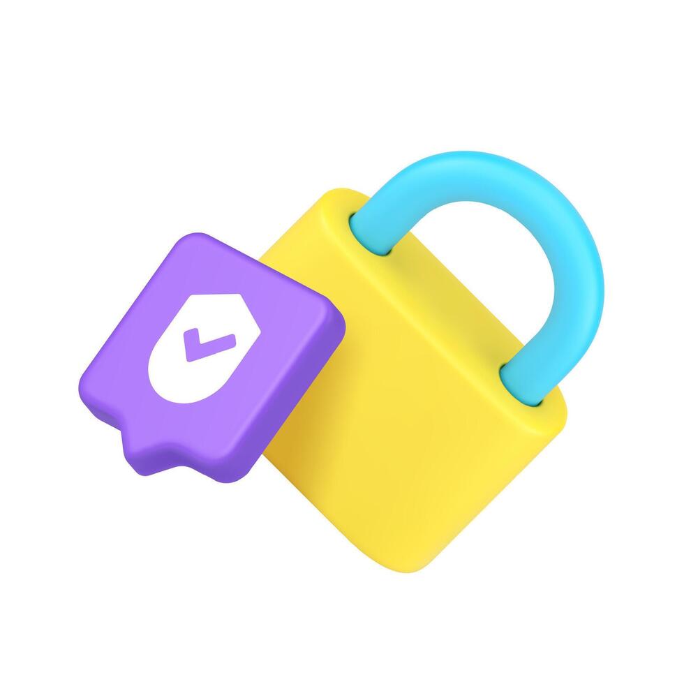 3d Realistic Icon Of Yellow Lock With Security Shield Badge In Modern Isometric Style vector