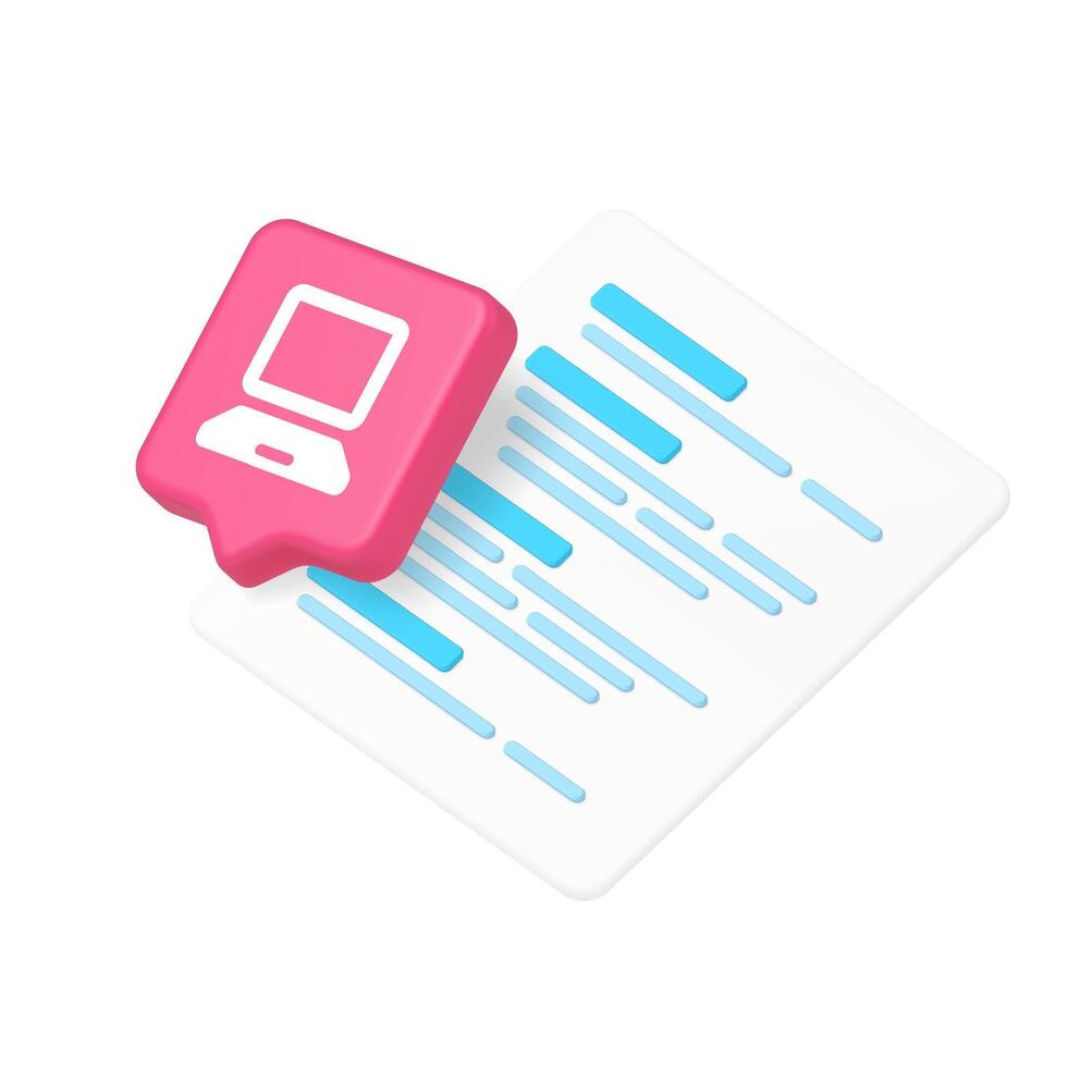 3d realista icono de rosado código página y blanco computadora monitor símbolo para programación aplicaciones vector
