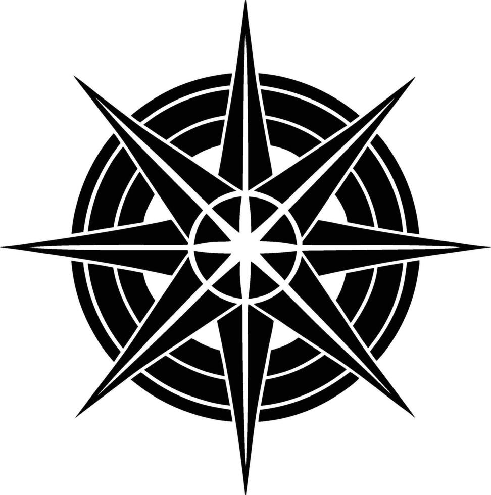 Black and white graphic representation of a wind rose compass with eight points and concentric circles vector