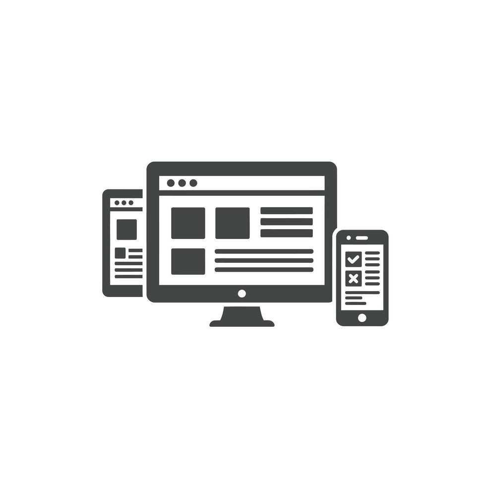 A computer, phone and tablet are shown in a flat design vector