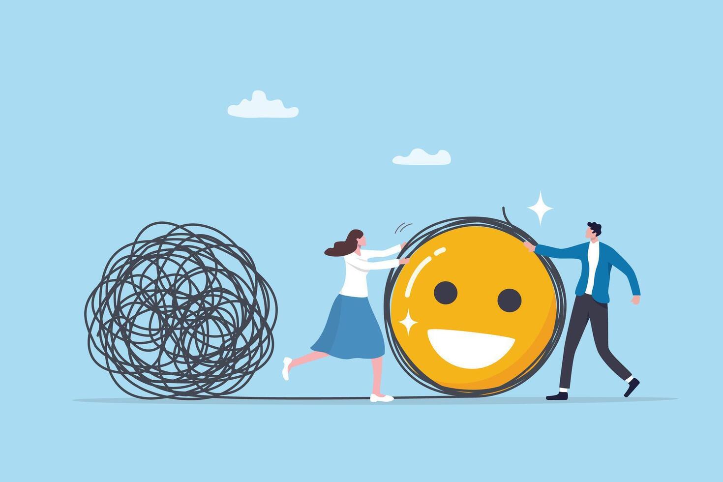 Solving anxiety problem, uncertainty or messy chaos problem, help overcome difficulty, trouble or confusion, complexity knot, people help detached or solve messy chaos line to be simple smiling face. vector