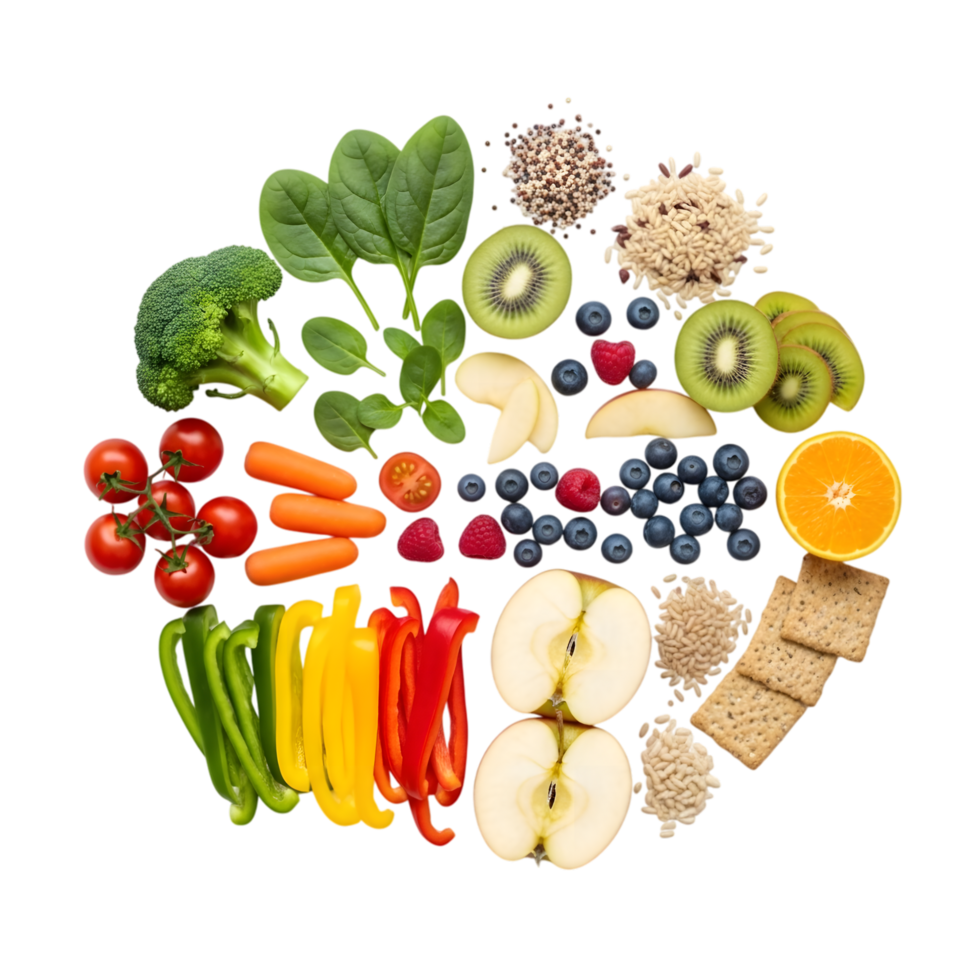 Assortment of fresh fruits, vegetables, grains, and crackers arranged in a circular pattern isolated on transparent background png