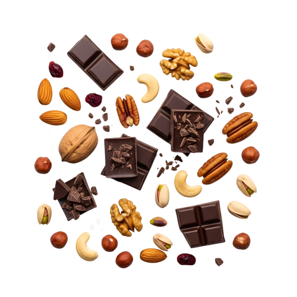 A delightful assortment of assorted nuts and dark chocolate pieces, including almonds, walnuts, pecans, cashews, and hazelnuts, scattered in a circular pattern isolated on a transparent background png