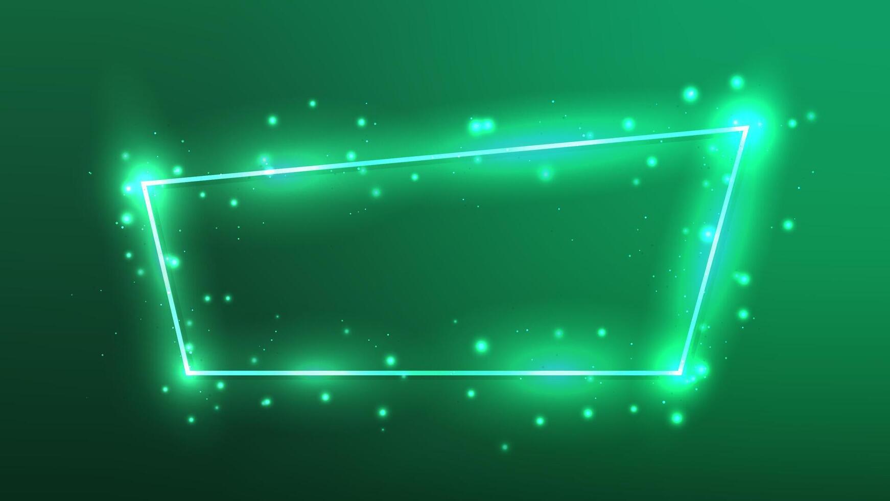 Neon trapezoid frame with shining effects and sparkles on dark green background. Empty glowing techno backdrop. illustration vector