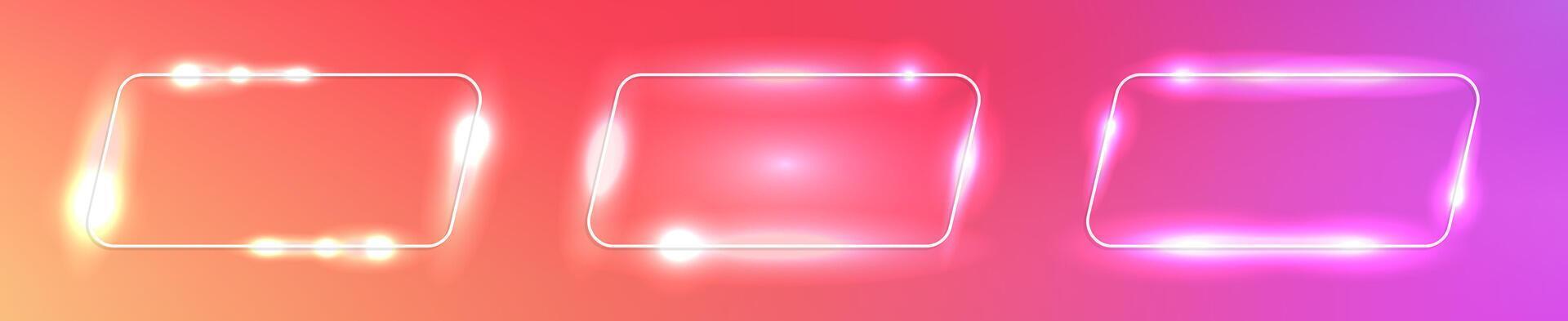 Set of three neon rounded rectangular frames with shining effects on orange background. Empty glowing techno backdrop. illustration vector